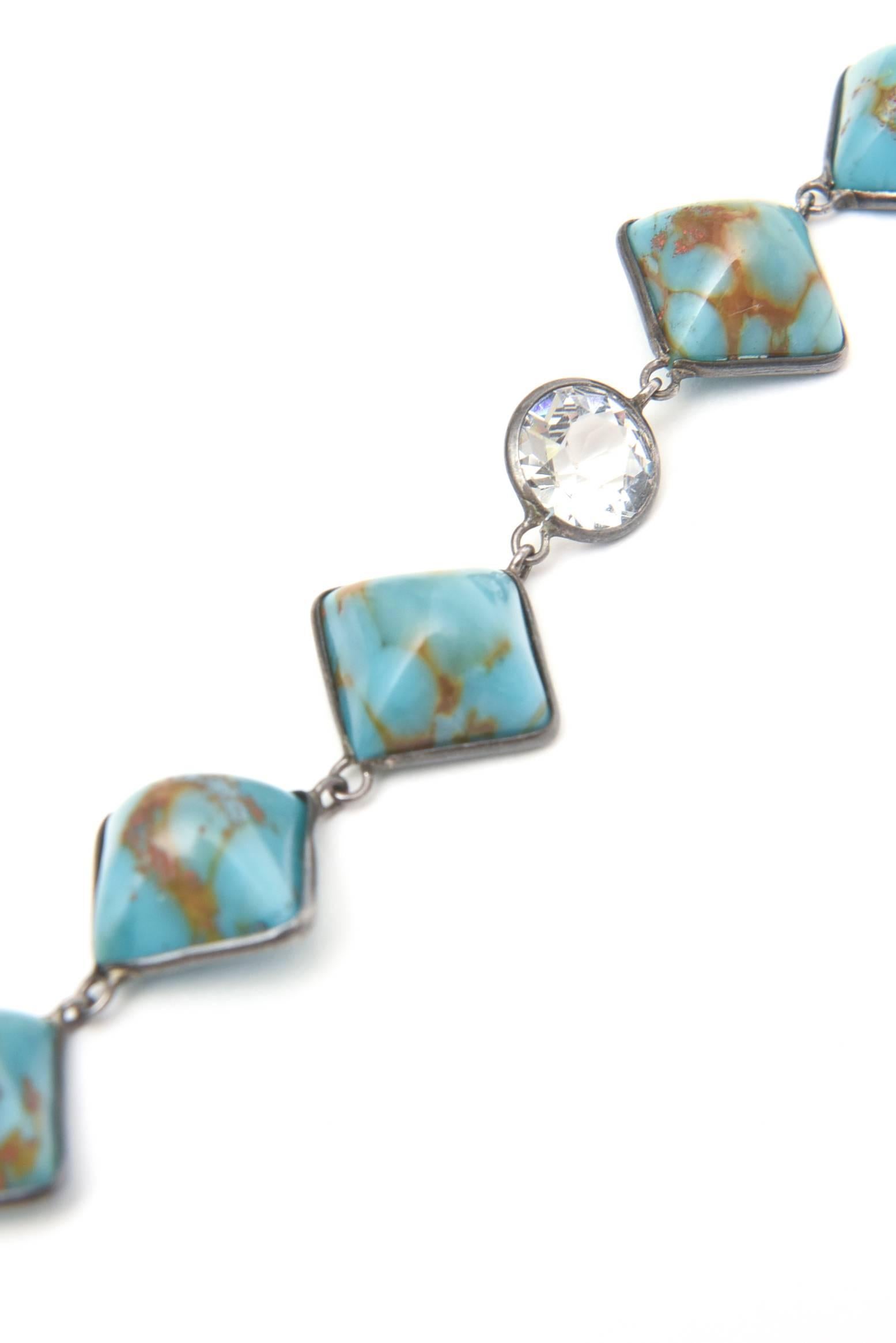 Diamond Shaped Turquoise & Faceted Crystal Pendant Long Necklace 1