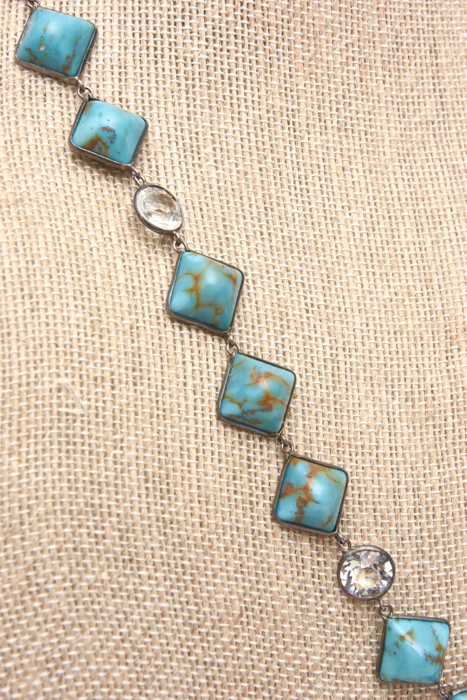 Diamond Shaped Turquoise & Faceted Crystal Pendant Long Necklace 4