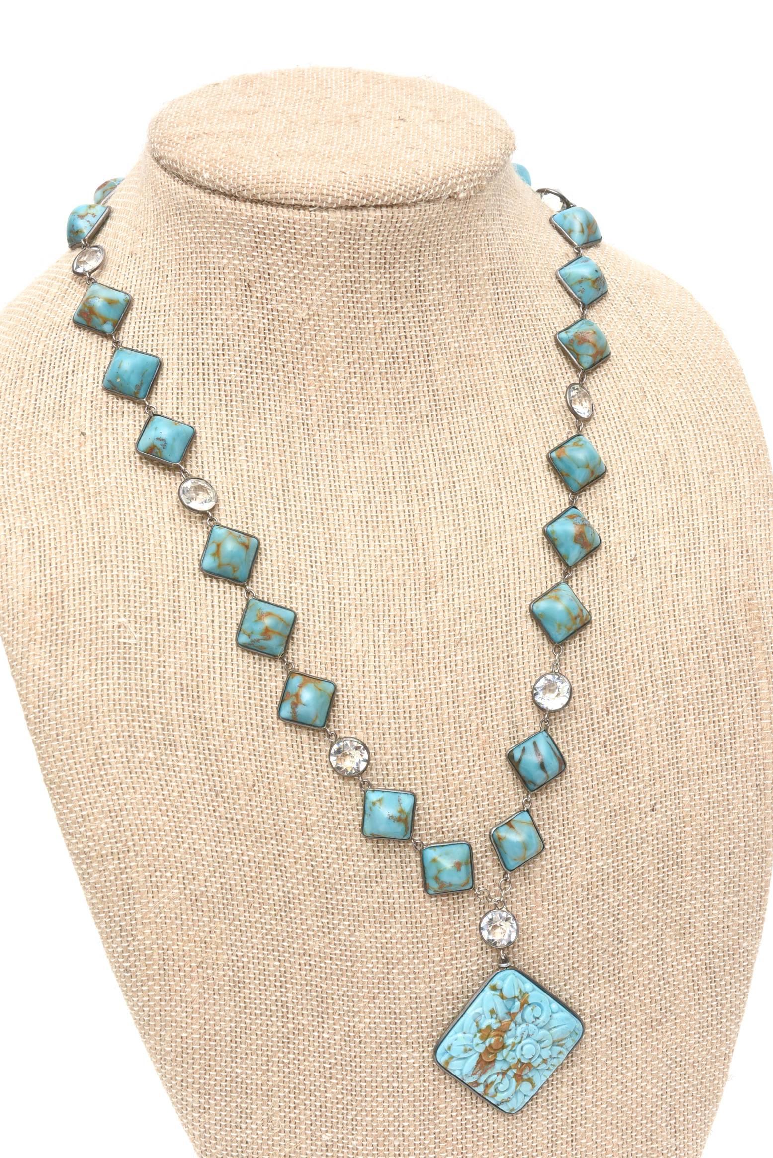 Diamond Shaped Turquoise & Faceted Crystal Pendant Long Necklace 5
