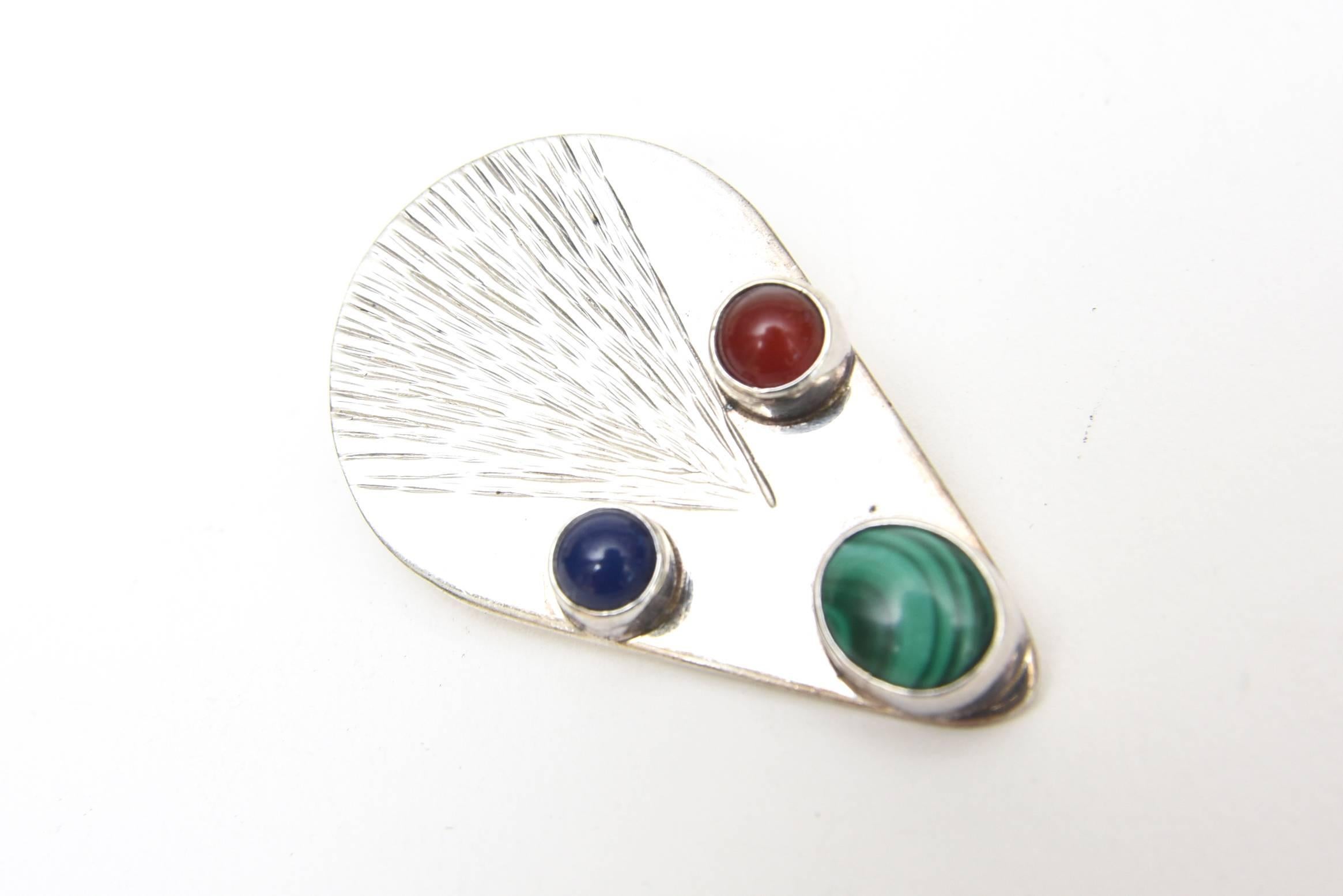 Modern Vintage Sterling Silver Malachite, Carnelian, Blue Lace Agate Clip On Earrings For Sale