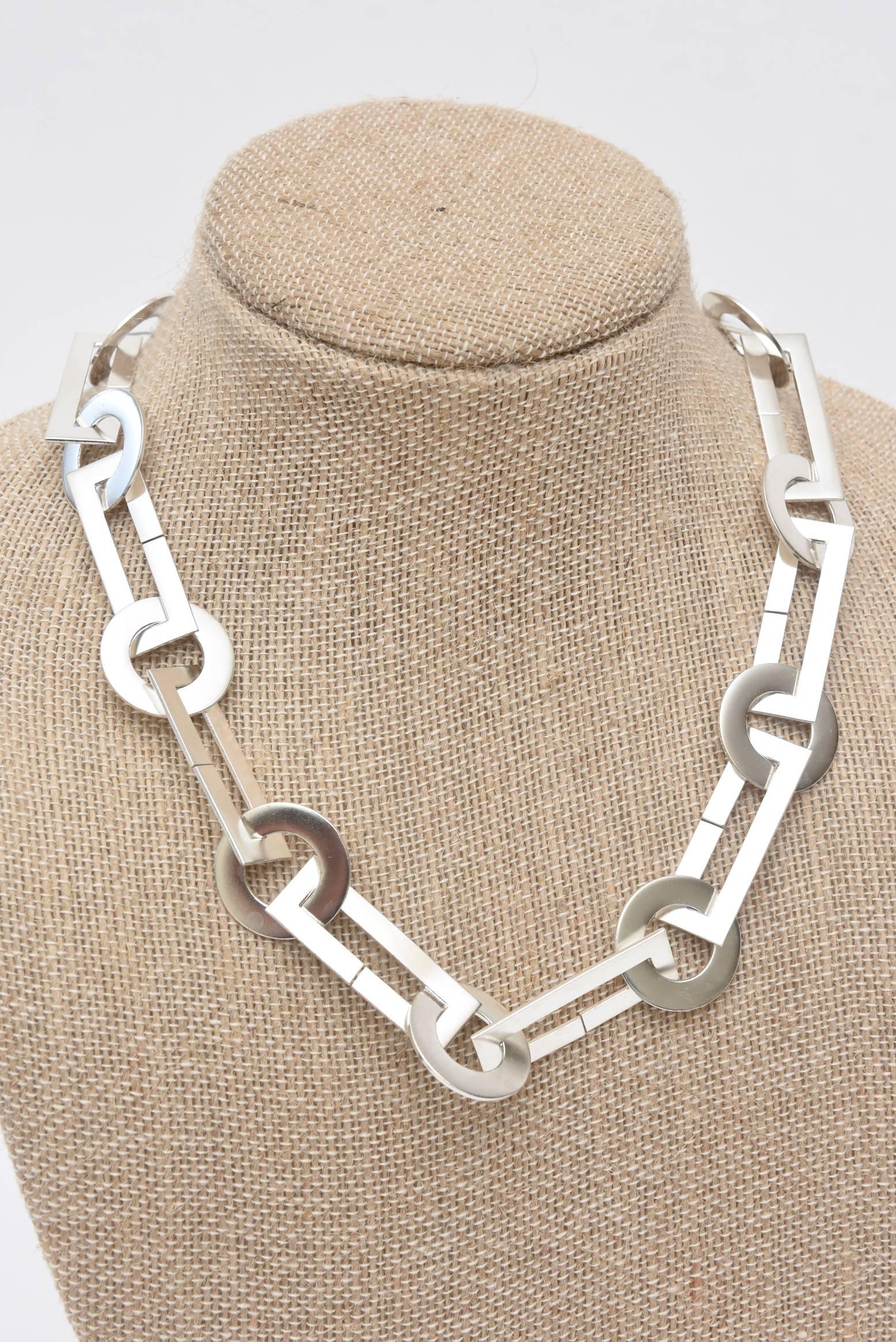 Women's Sterling Silver Circle and Rectangle Modernist Link Chain Necklace  For Sale