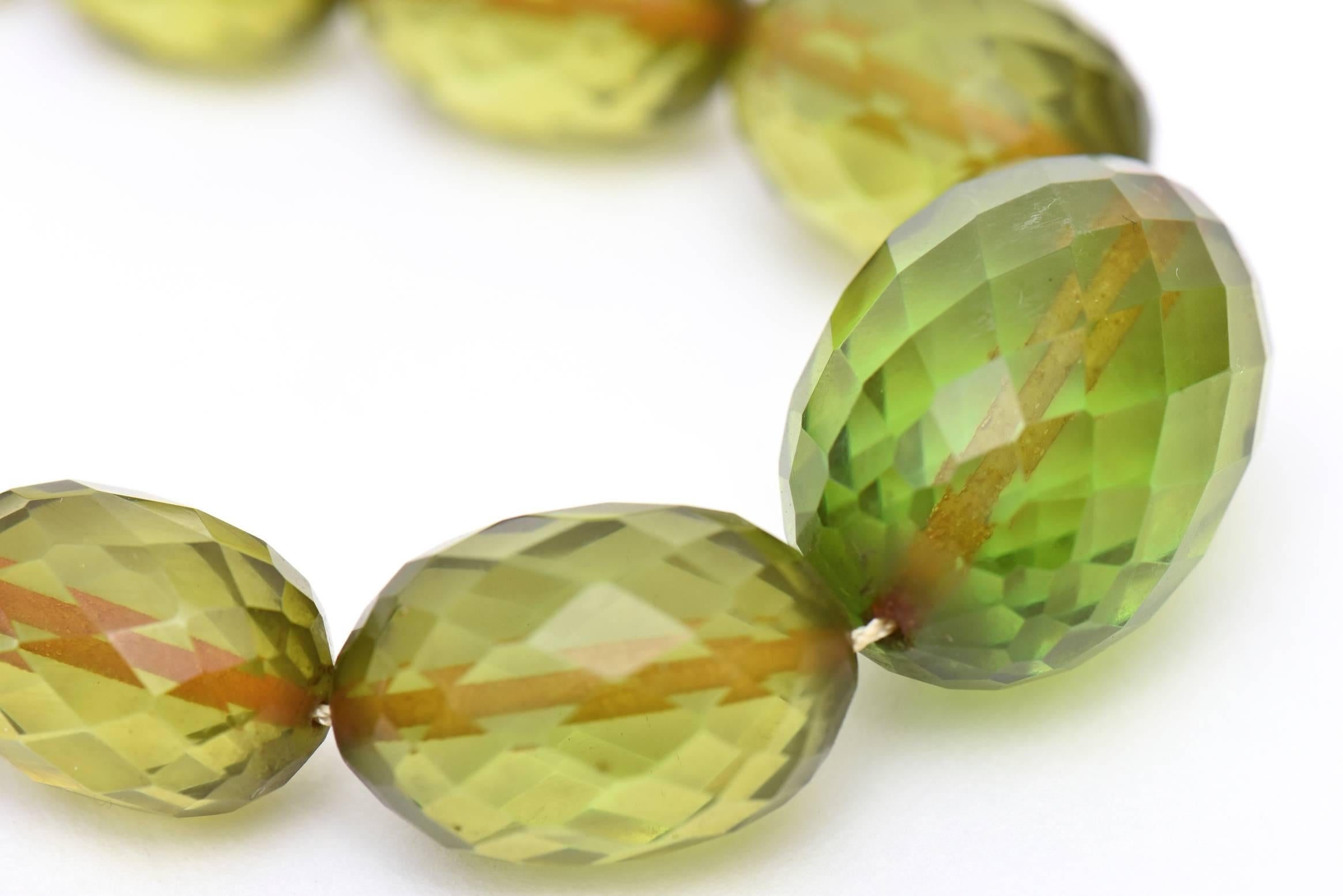 Art Deco Chartreuse Green Resin Diamond Faceted Necklace Vintage For Sale