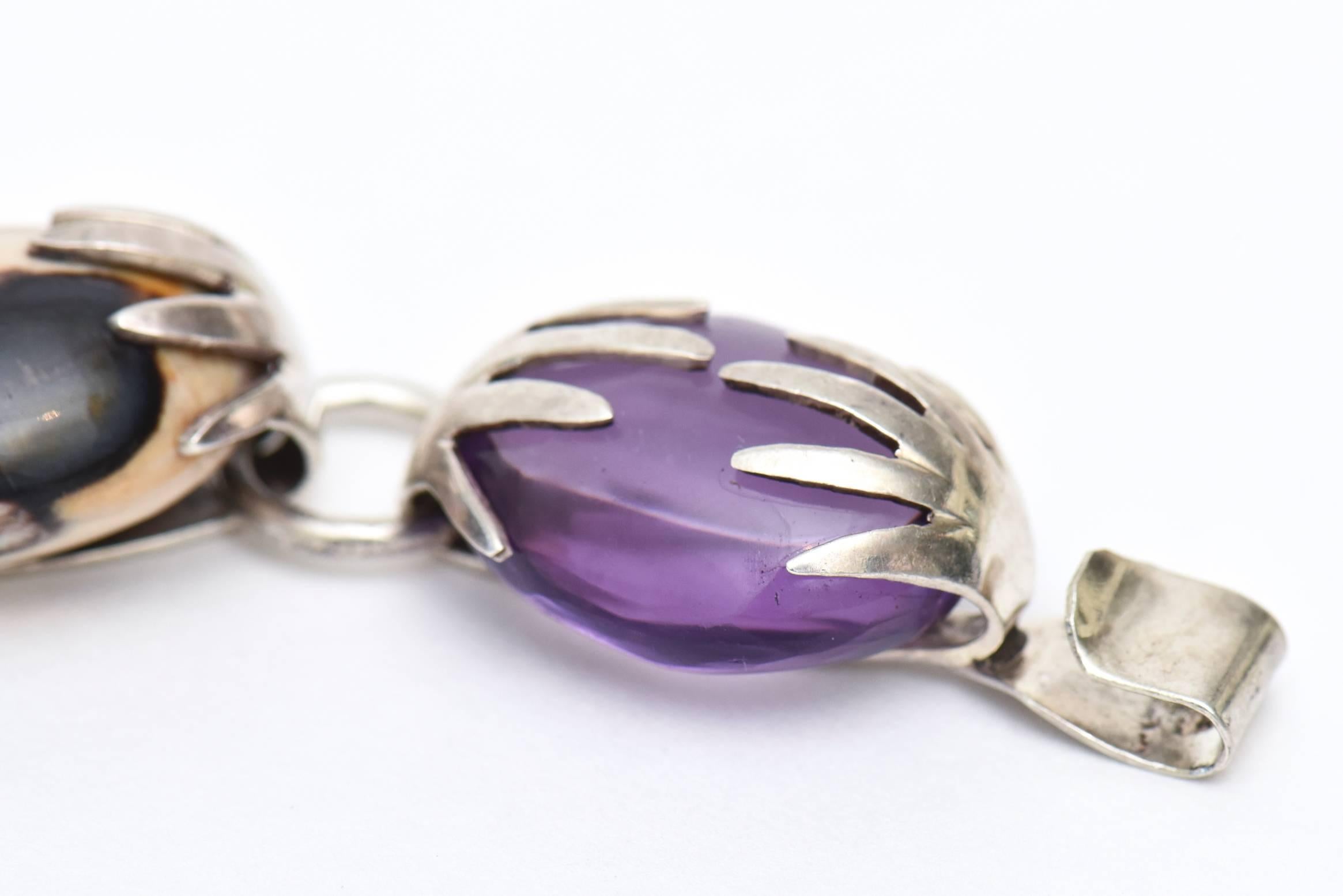 Ball Cut Sterling Silver, Amethyst and Agate Stone Bracelet Hallmarked For Sale