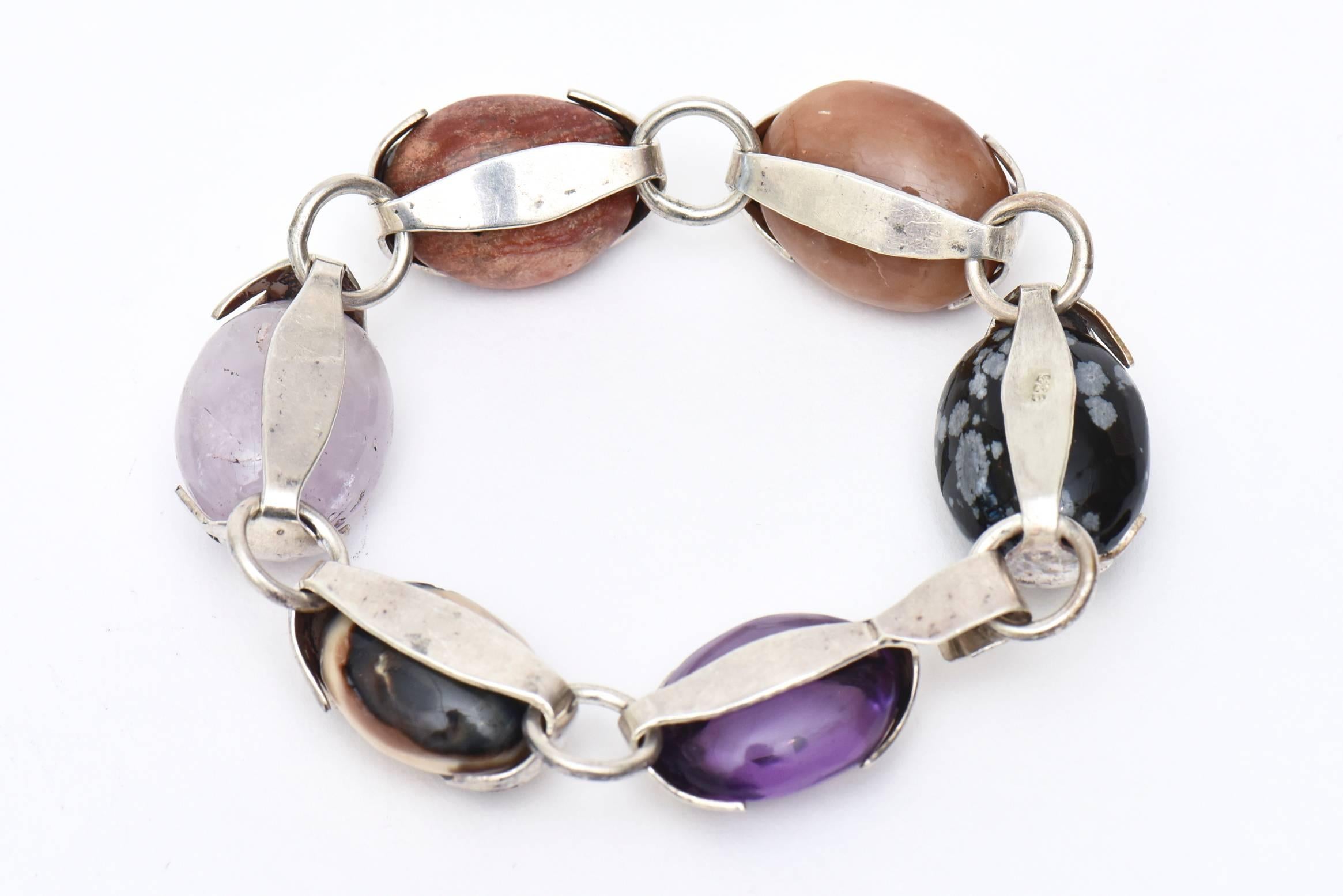 Sterling Silver, Amethyst and Agate Stone Bracelet Hallmarked In Good Condition For Sale In North Miami, FL
