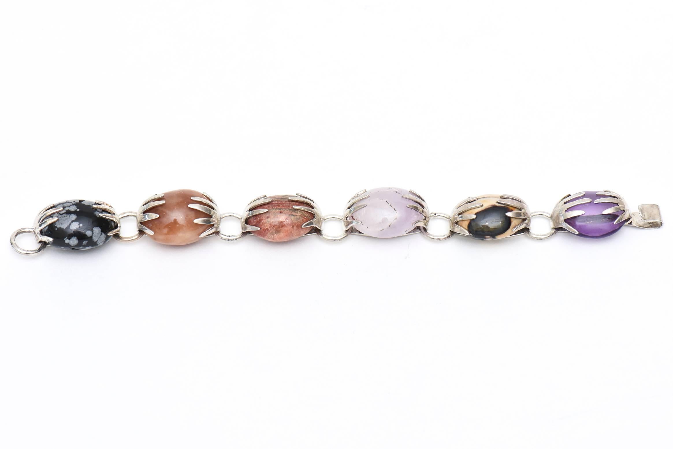 Modern Sterling Silver, Amethyst and Agate Stone Bracelet Hallmarked For Sale