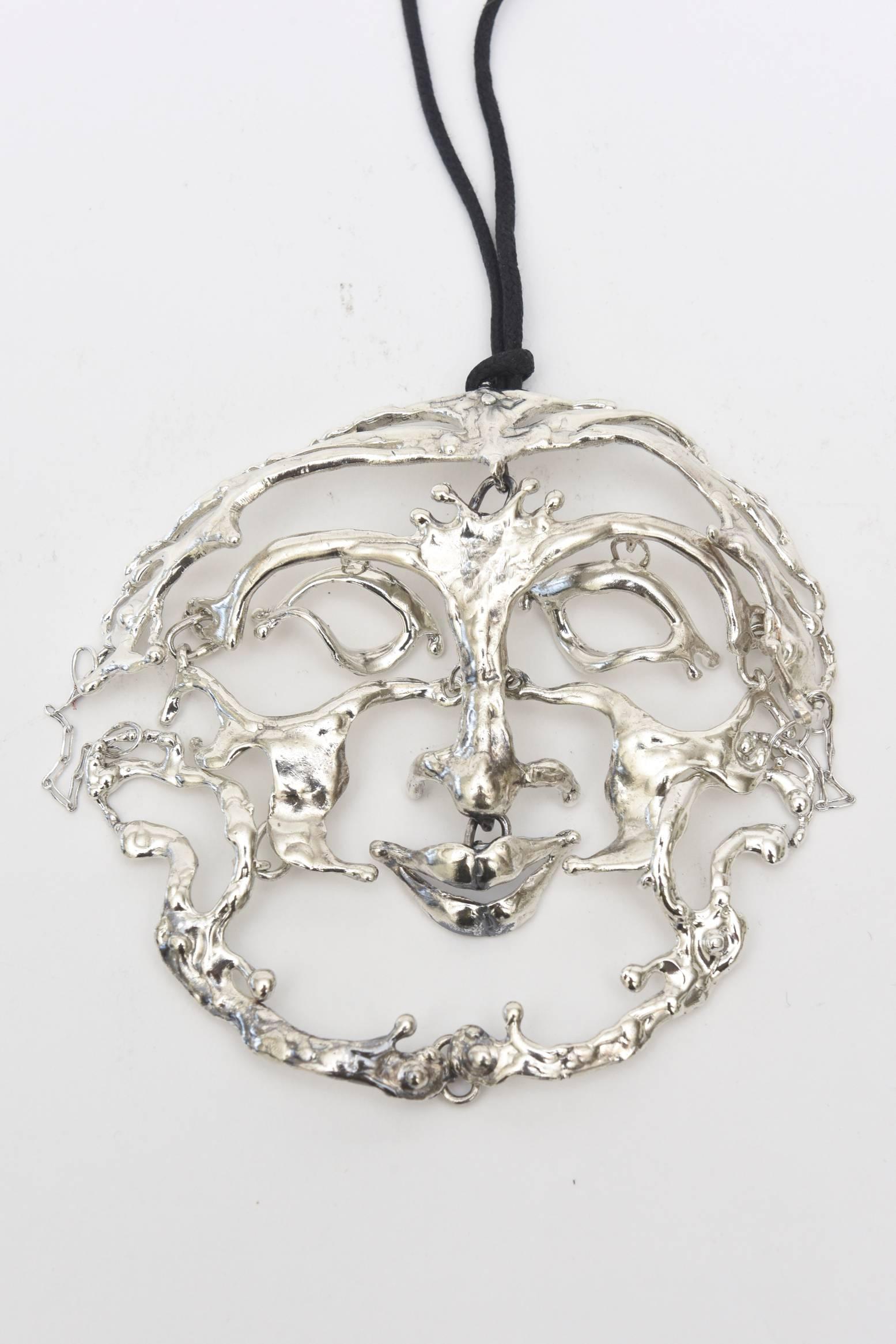 Modern Sterling Silver Salvador Dali Style Sculptural Pendant Necklace Signed Vintage