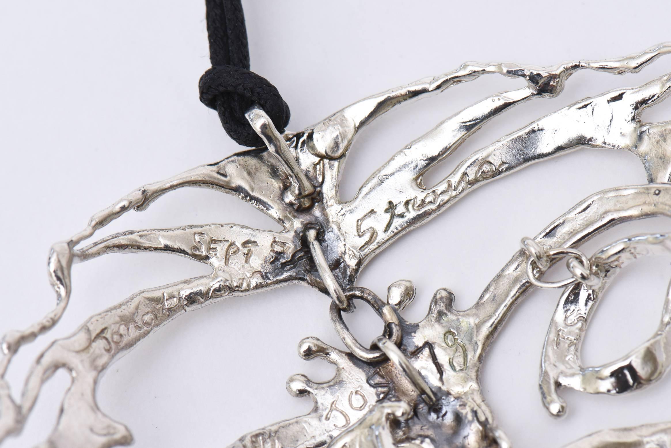 Sterling Silver Salvador Dali Style Sculptural Pendant Necklace Signed Vintage 1