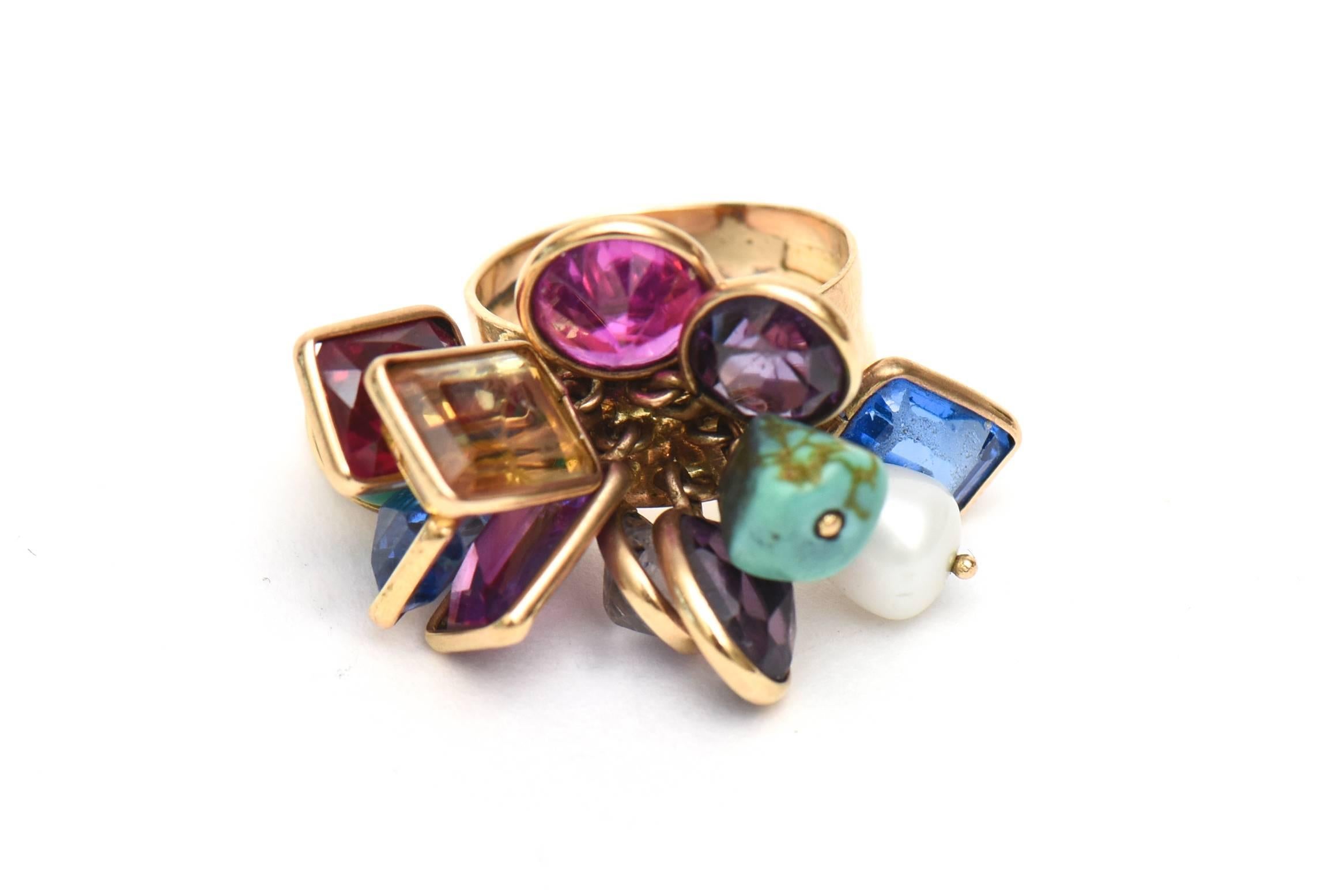 Modern Vintage Glass Stone Dangler Cluster Ring And Earrings Set Jewel Toned For Sale