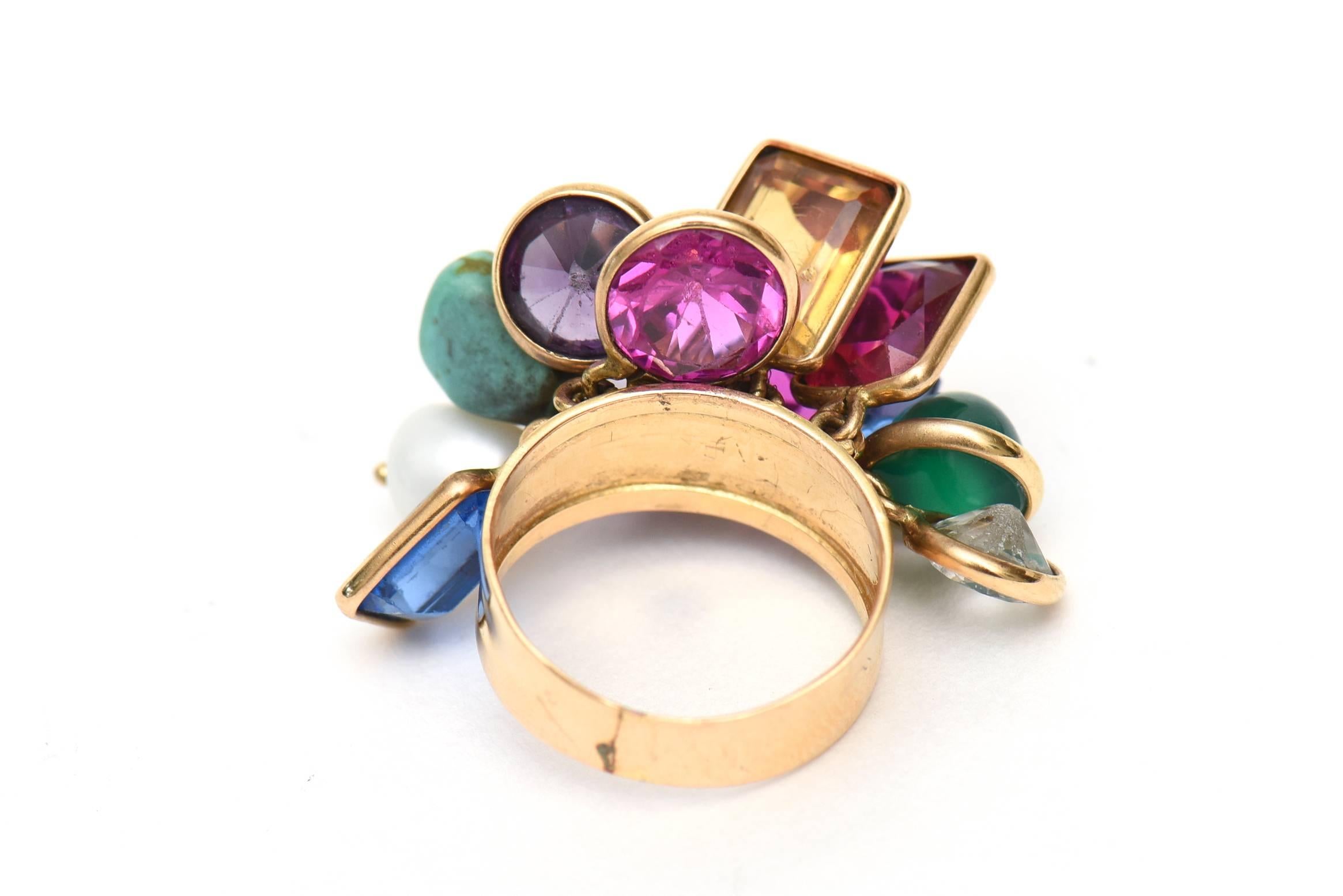  Vintage Glas Stein Dangler Cluster Ring und Ohrringe Set Jewel Toned Damen im Angebot