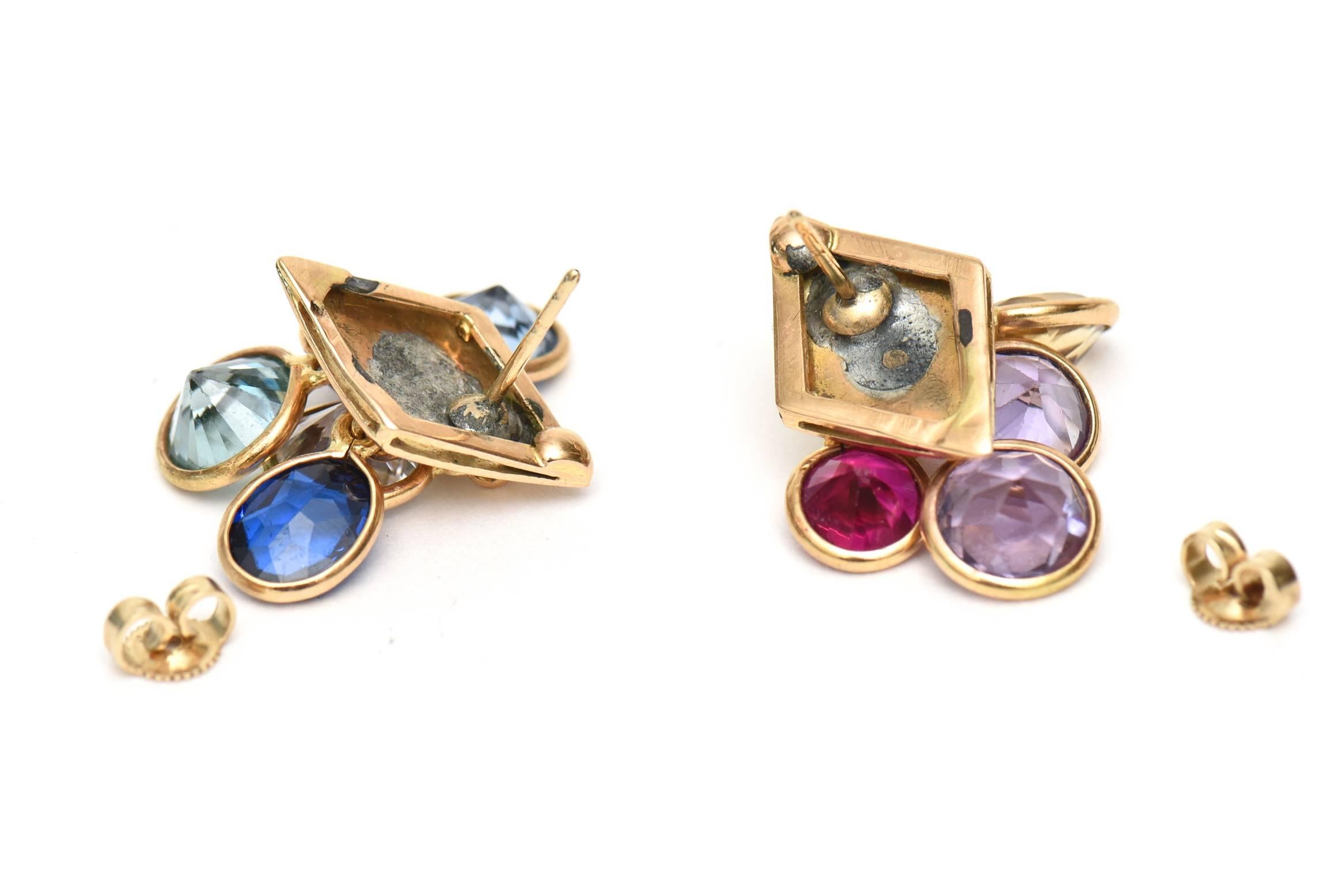  Vintage Glas Stein Dangler Cluster Ring und Ohrringe Set Jewel Toned im Angebot 2