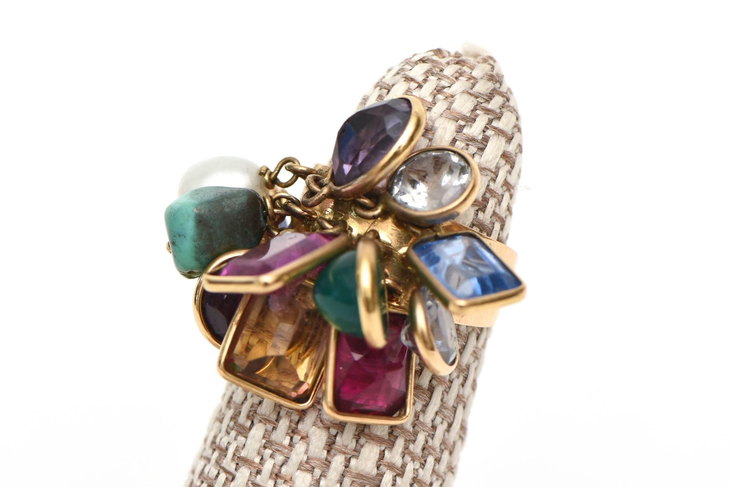  Vintage Glas Stein Dangler Cluster Ring und Ohrringe Set Jewel Toned im Angebot 4