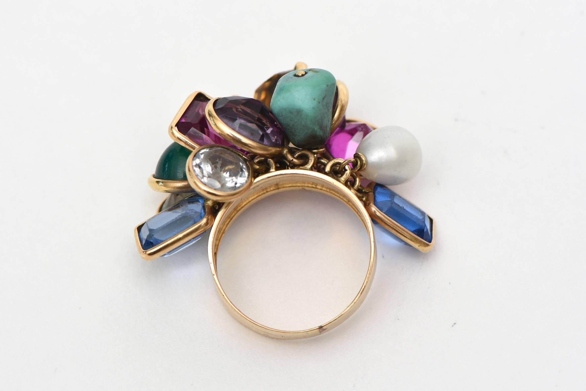 Vintage Glass Stone Dangler Cluster Ring And Earrings Set Jewel Toned In Good Condition For Sale In North Miami, FL