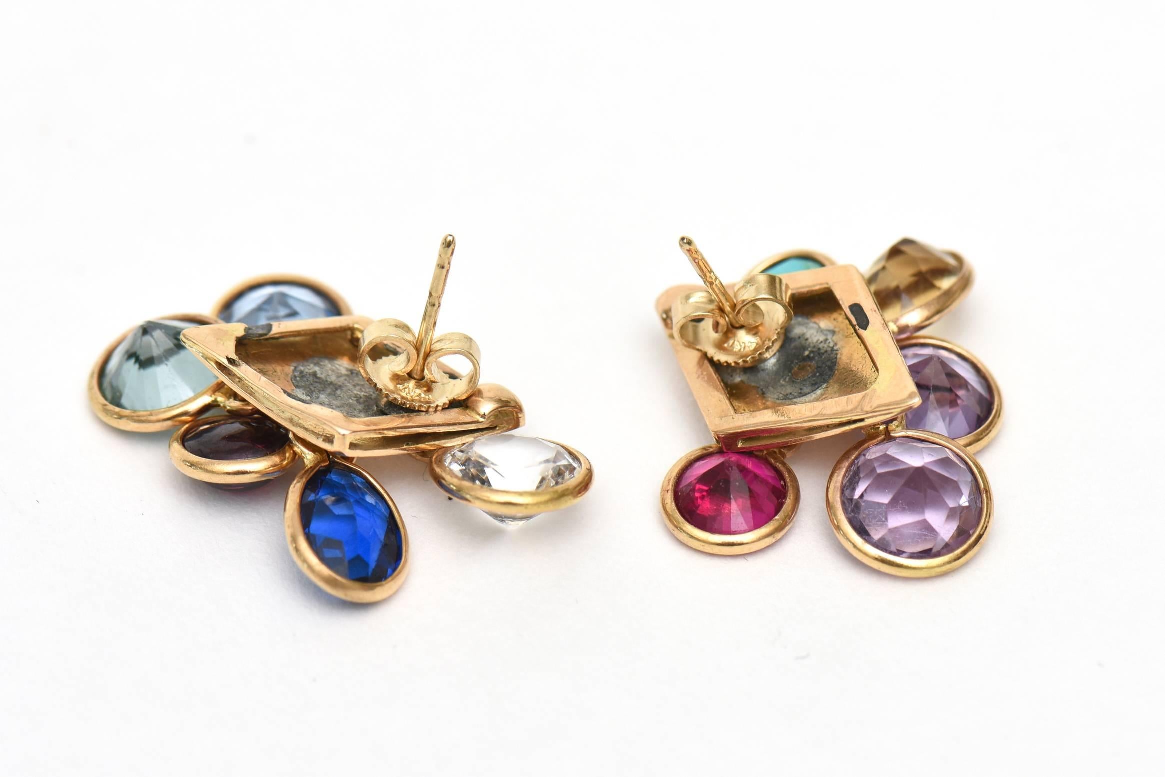 Vintage Glass Stone Dangler Cluster Ring And Earrings Set Jewel Toned For Sale 3