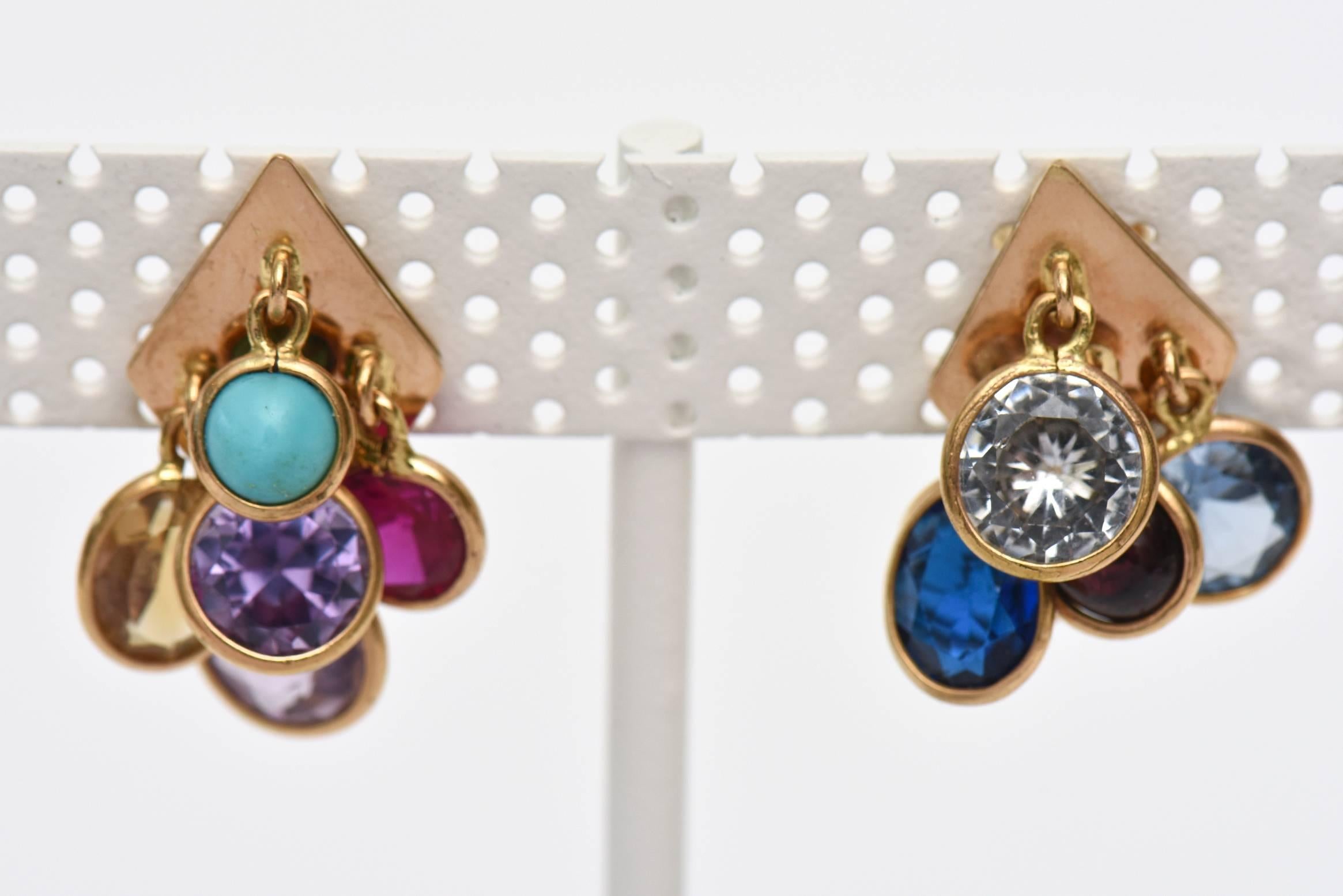 Vintage Glass Stone Dangler Cluster Ring And Earrings Set Jewel Toned For Sale 1