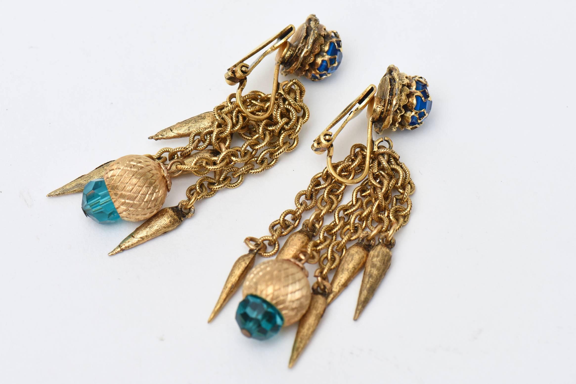 Modern Vintage Gold Plated, Turquoise & Blue Crystal Chain Dangle Clip On Earrings  For Sale