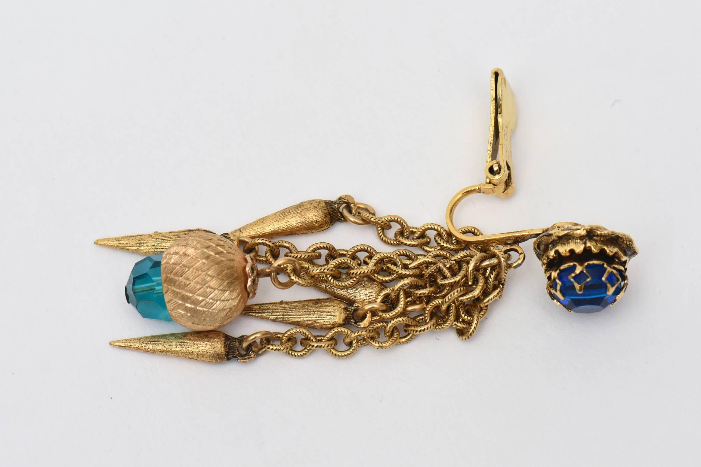 Bead Vintage Gold Plated, Turquoise & Blue Crystal Chain Dangle Clip On Earrings  For Sale