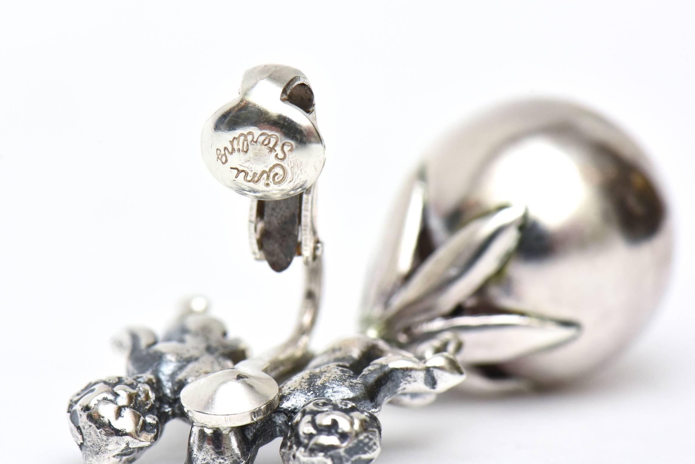 Women's Cini Sterling Silver Cherub Clip On Dangle Earrings Italian Vintage