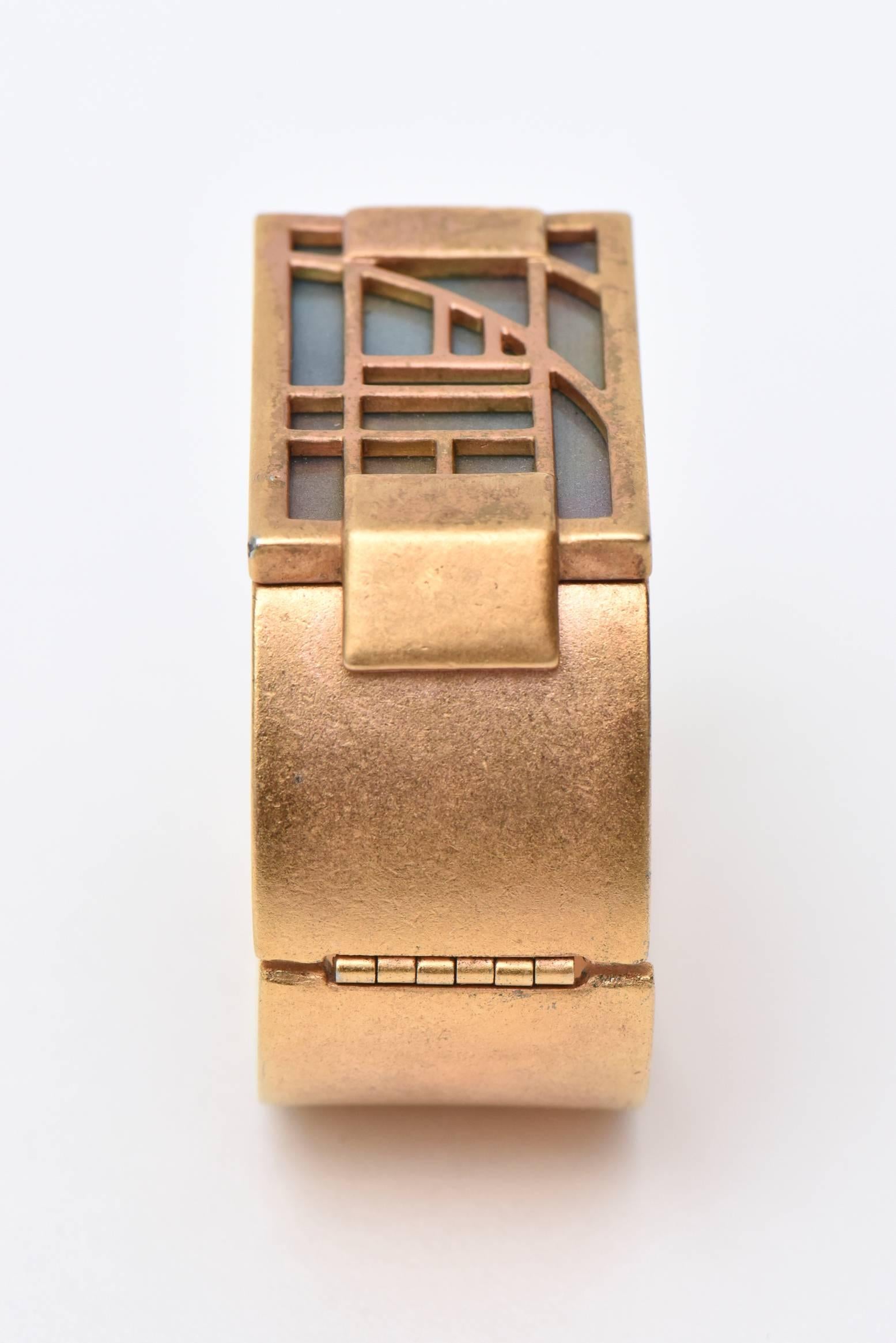 Aesthetic Movement  Monet Signed Gold Plated And Pink, Turquoise Resin Hinged Cuff Bracelet  For Sale