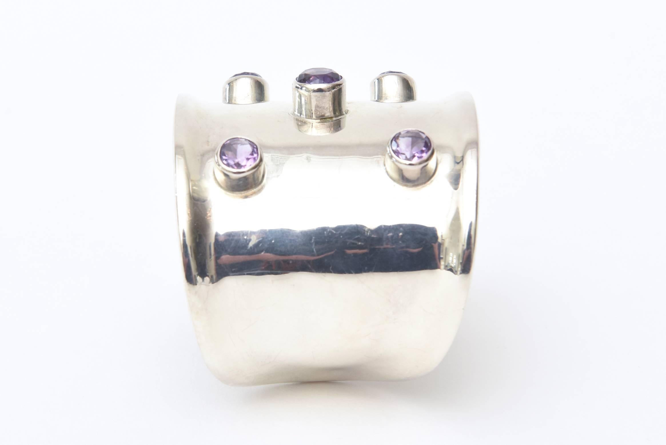 Sterling Silver and Amethyst  Modern Cuff Bracelet Hallmarked 1