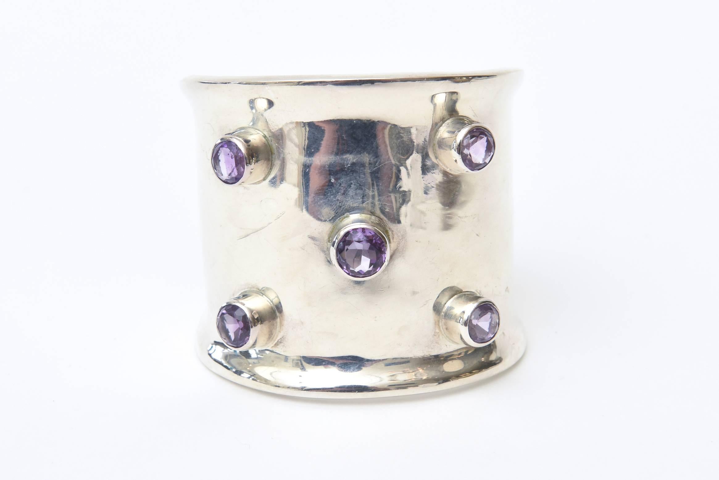 Ball Cut Sterling Silver and Amethyst  Modern Cuff Bracelet Hallmarked For Sale