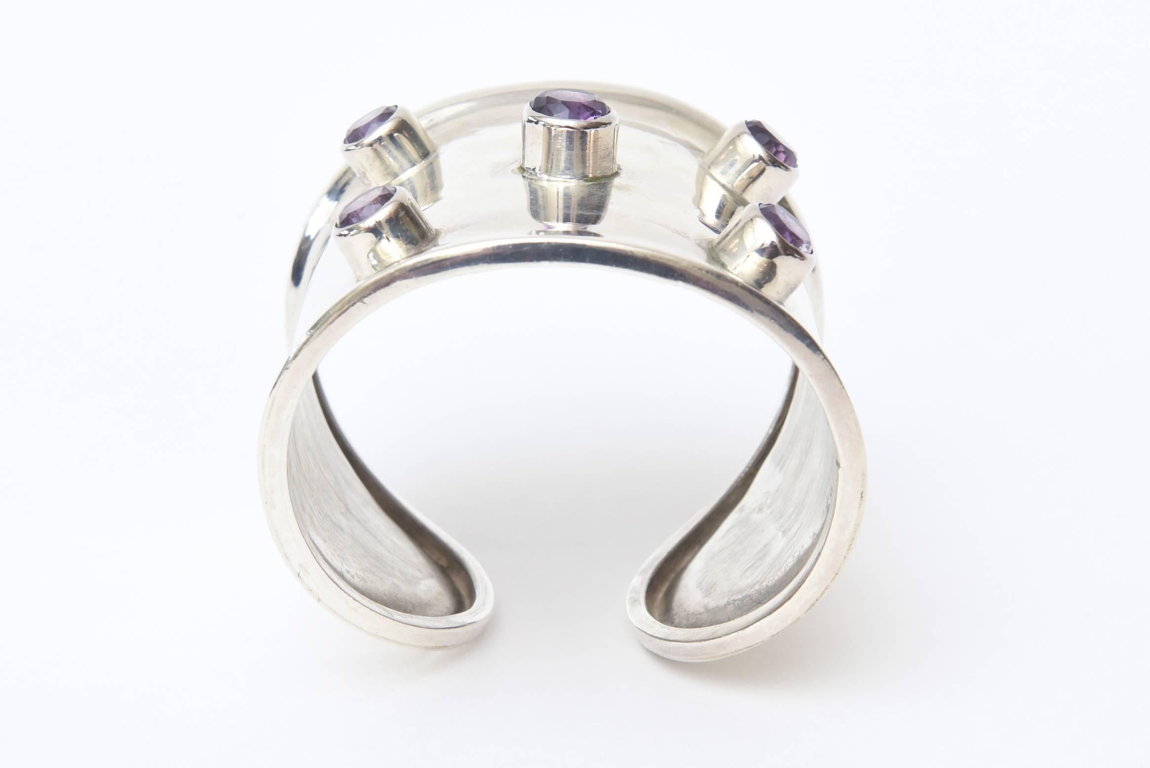 Sterling Silver and Amethyst  Modern Cuff Bracelet Hallmarked In Good Condition For Sale In North Miami, FL