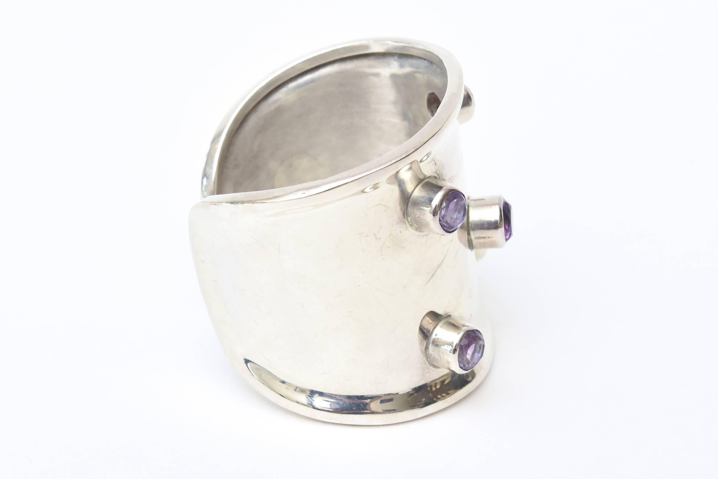 Sterling Silver and Amethyst  Modern Cuff Bracelet Hallmarked 3