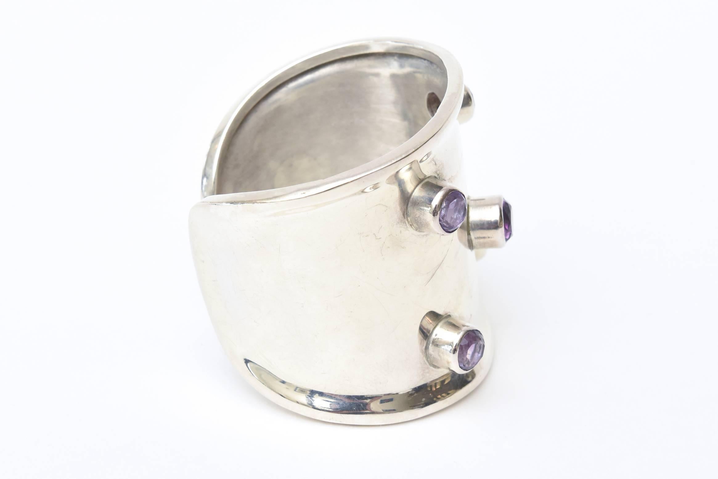 Sterling Silver and Amethyst  Modern Cuff Bracelet Hallmarked For Sale 3