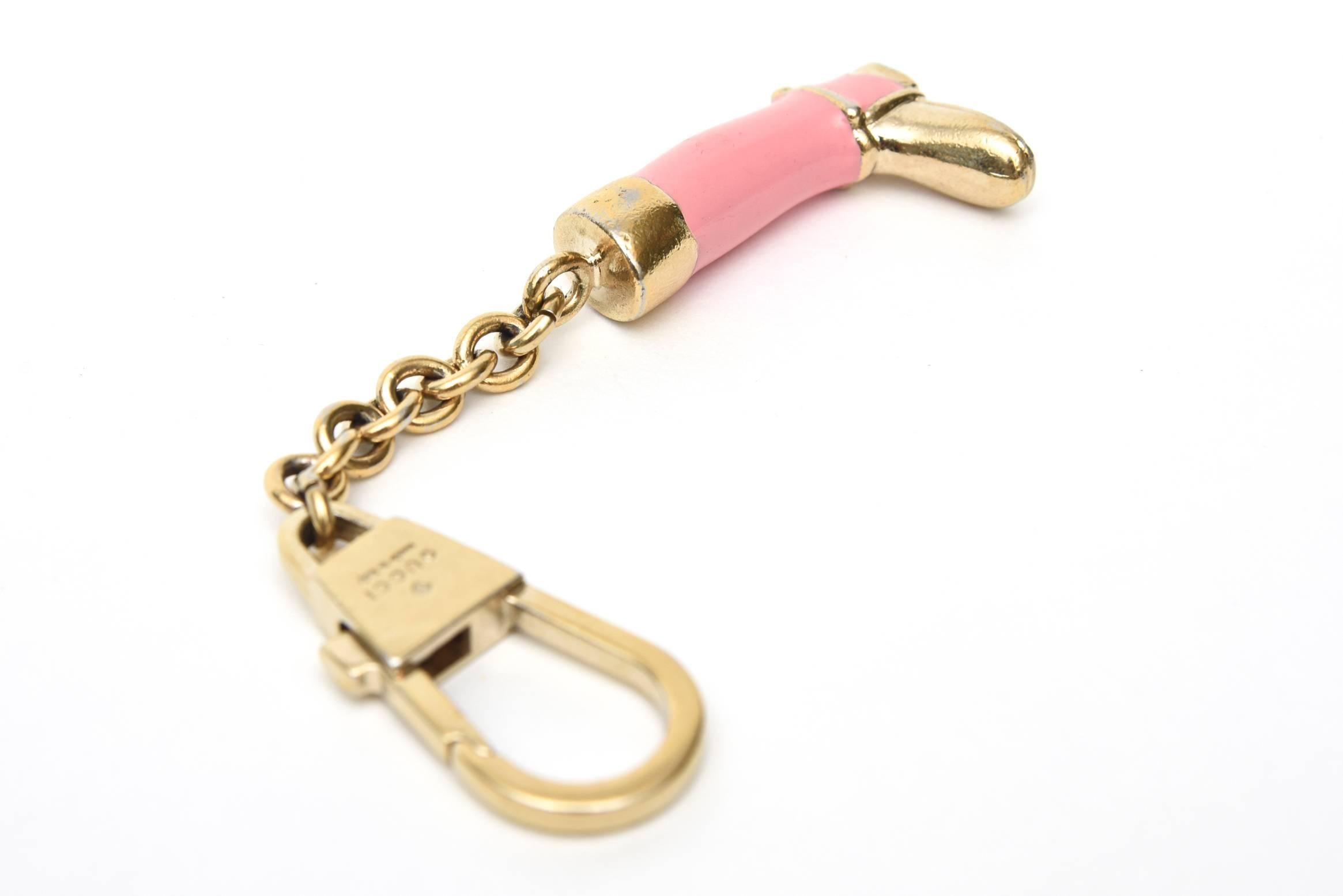 Beige  Gucci Signed Vintage Pink Enamel and Brass Plate Stirrup Boot Key Chain 