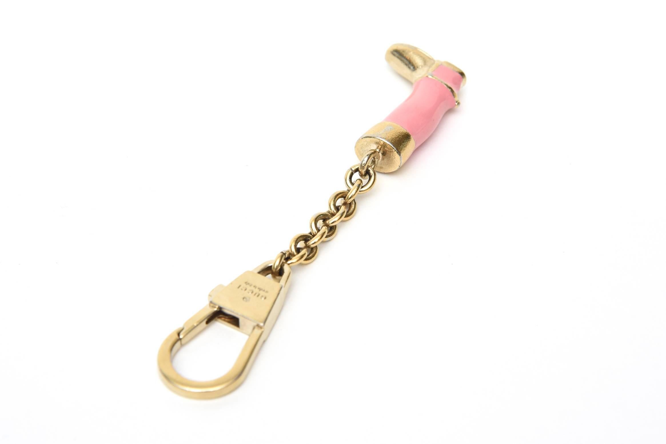 Gucci Signed Vintage Pink Enamel and Brass Plate Stirrup Boot Key Chain In Good Condition In North Miami, FL