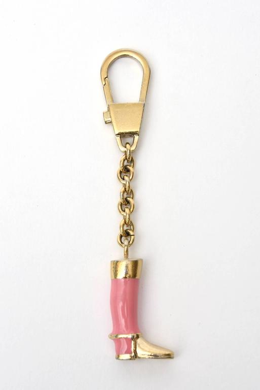 Gucci Signed Vintage Pink Enamel and Brass Plate Stirrup Boot Key Chain