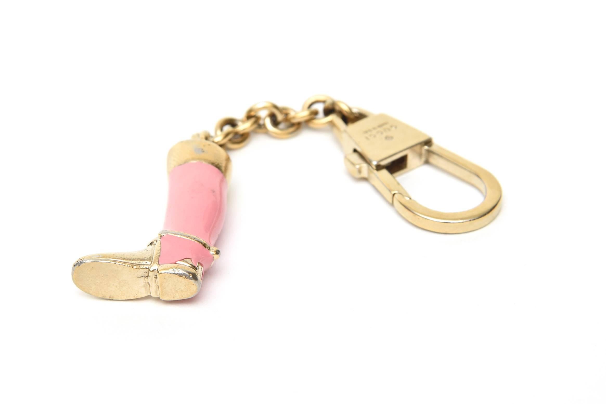 Women's  Gucci Signed Vintage Pink Enamel and Brass Plate Stirrup Boot Key Chain  For Sale