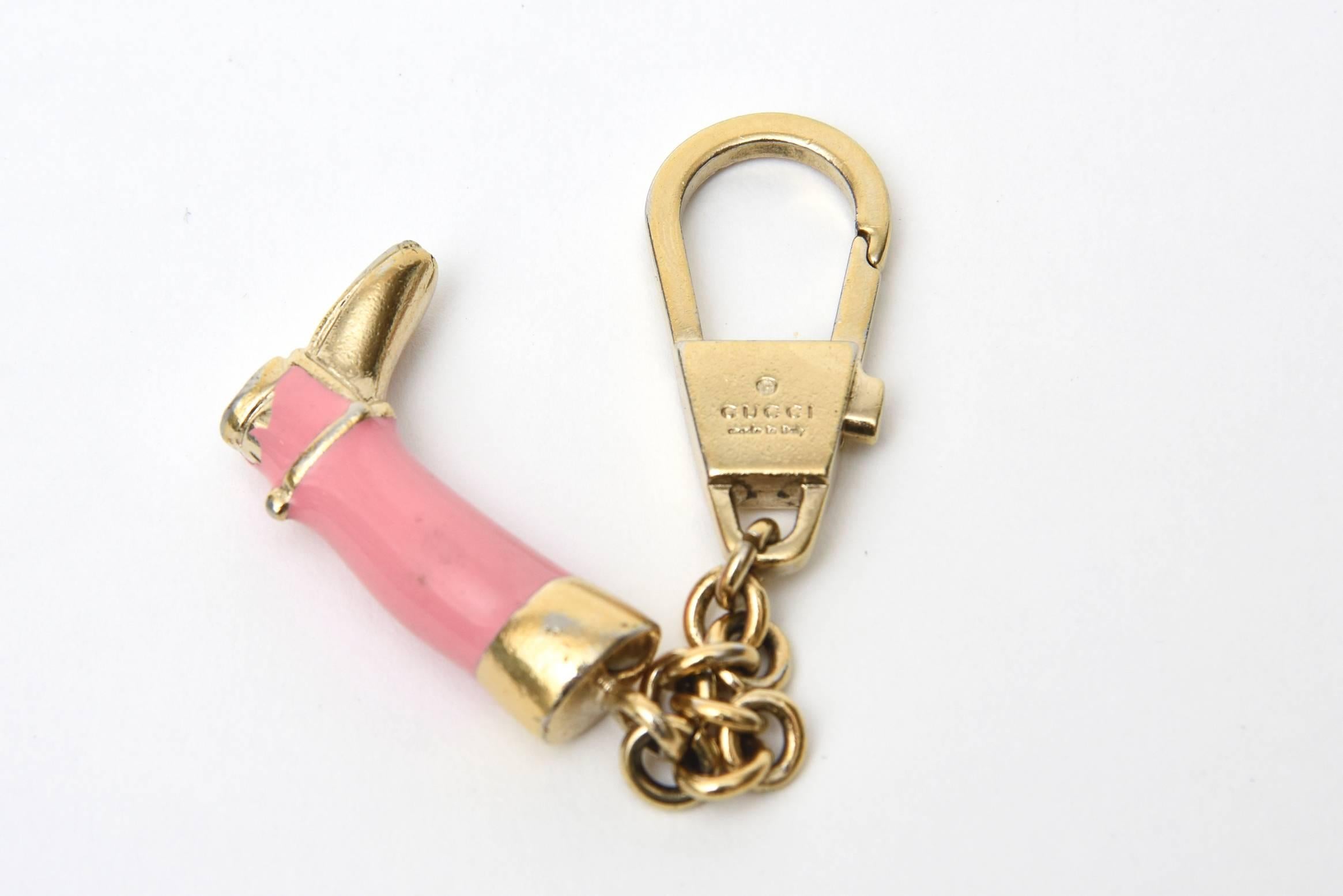  Gucci Signed Vintage Pink Enamel and Brass Plate Stirrup Boot Key Chain  1