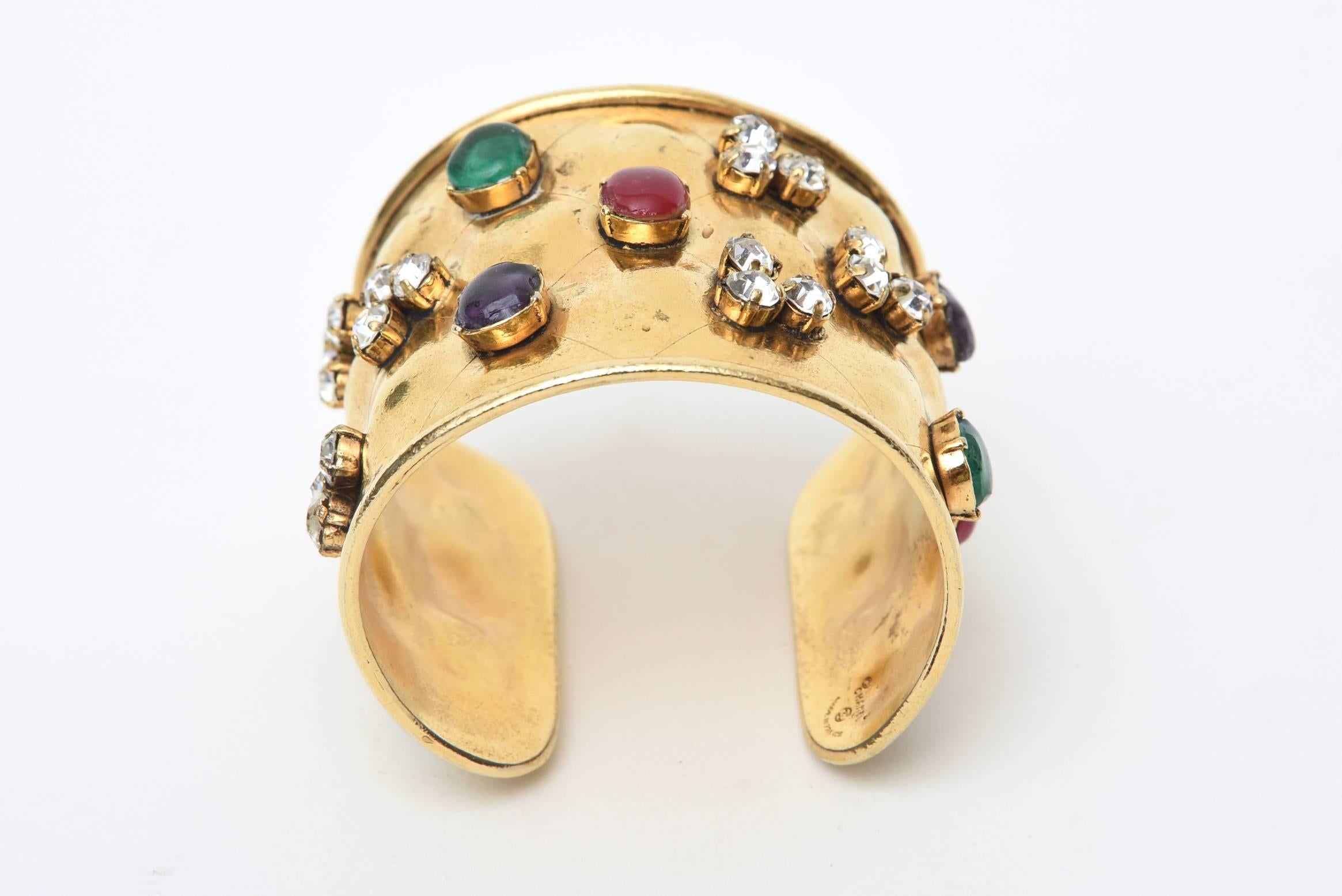 Modern Chanel Gripoux Glass Cabochon & Rhinestone Gold Plated Cuff Bracelet 