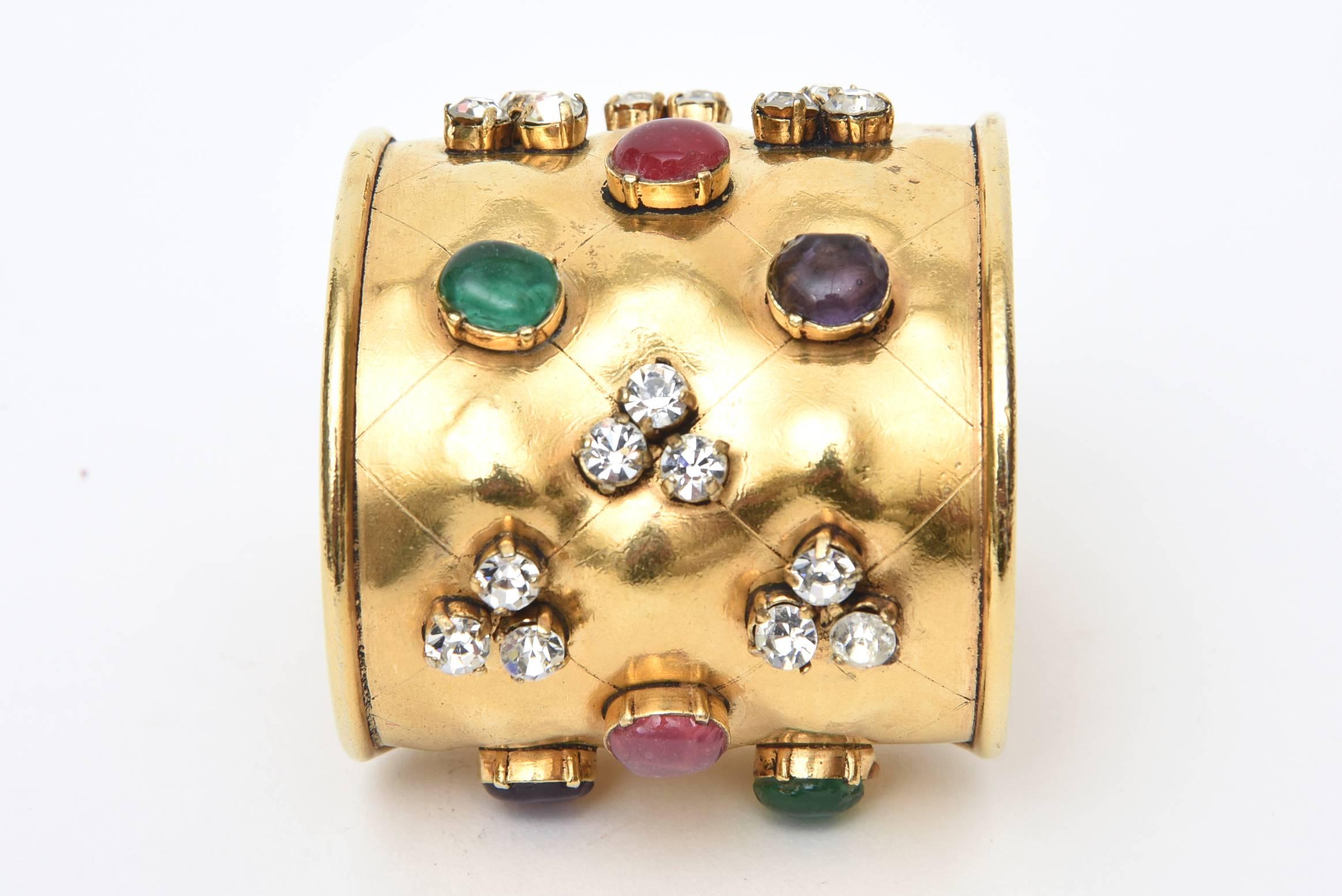 Chanel Gripoux Glass Cabochon & Rhinestone Gold Plated Cuff Bracelet  In Good Condition In North Miami, FL