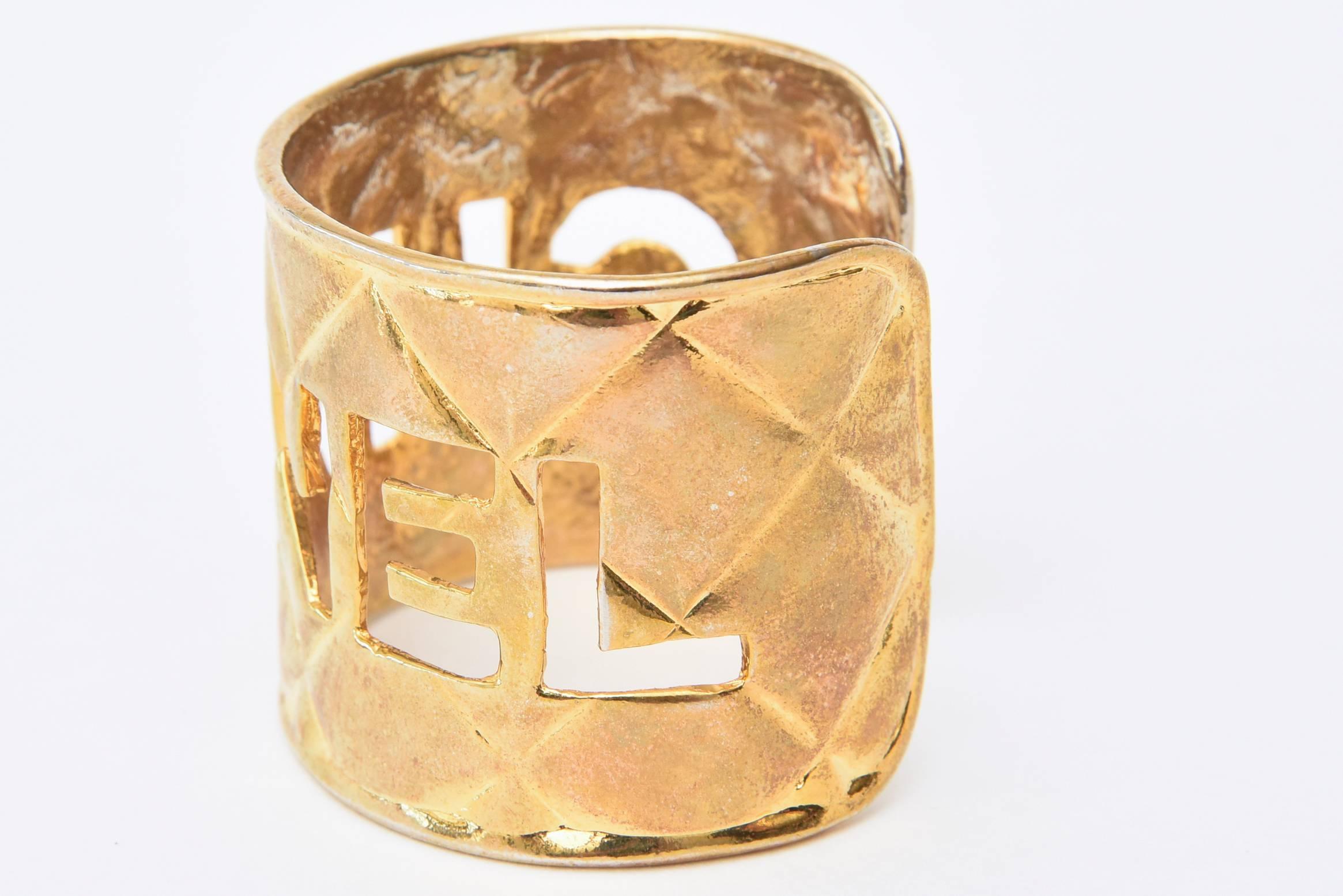 Chanel Gold Plated Quilted Logo Cutout Cuff Bracelet 2