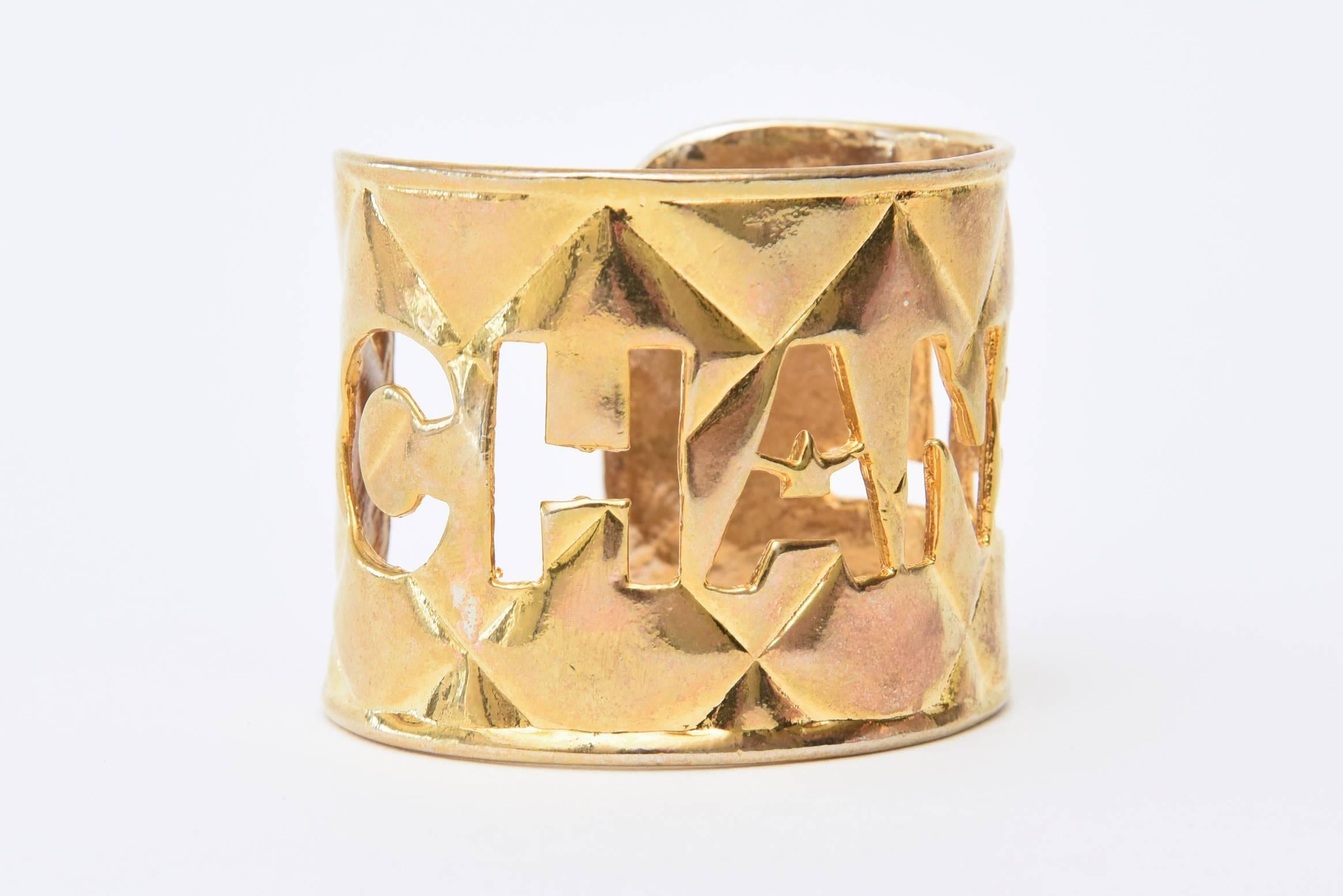 Chanel Gold Plated Quilted Logo Cutout Cuff Bracelet 3
