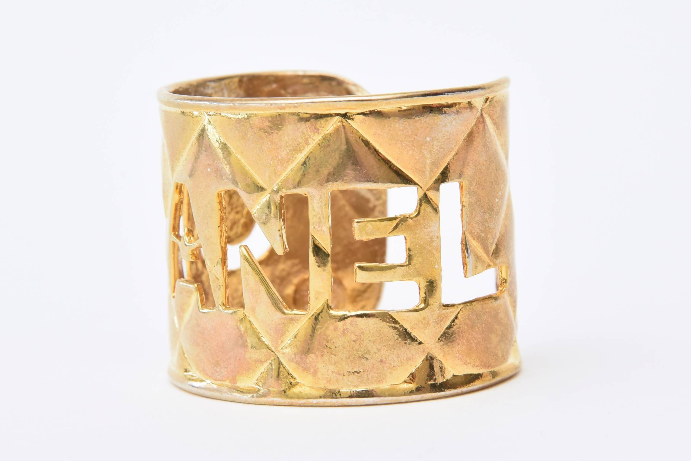 Chanel Gold Plated Quilted Logo Cutout Cuff Bracelet 1