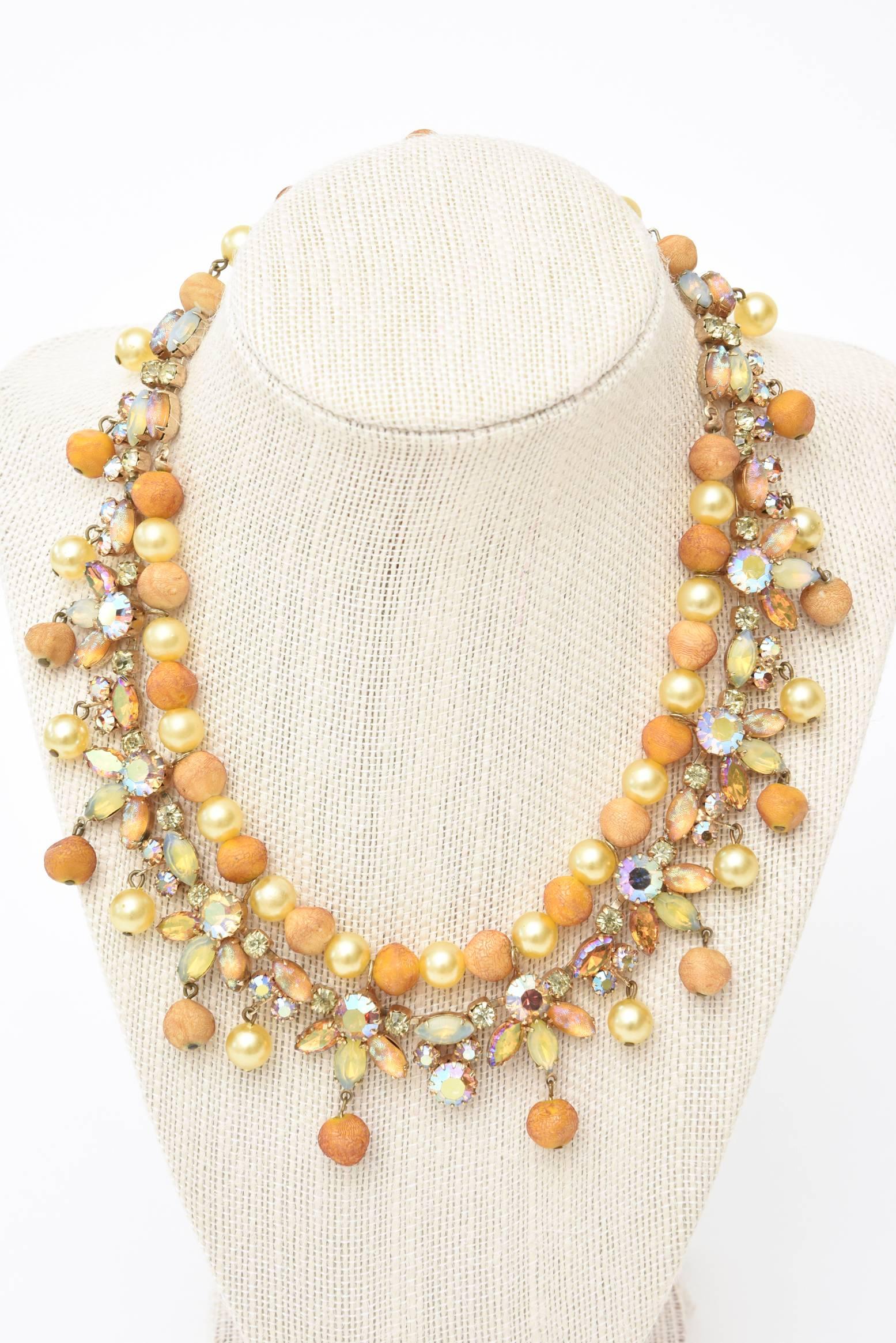 Kramer Rhinestone, Faux Pearl & Resin Collar Necklace Vintage In Good Condition For Sale In North Miami, FL