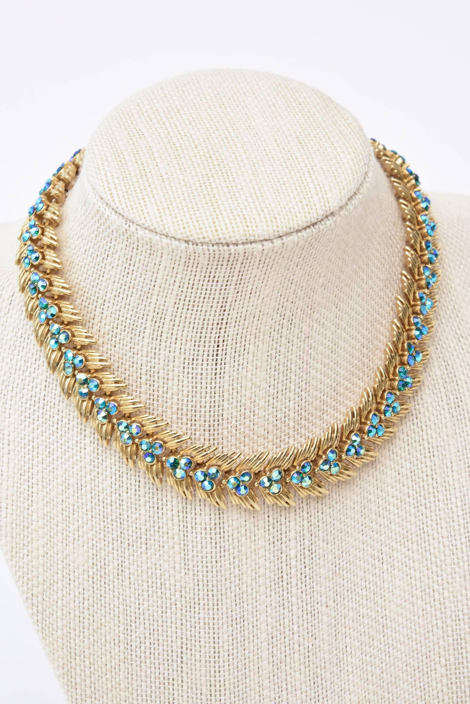  Trifari Vintage Sapphire Turquoise Blue Choker Necklace and Clip on Earring Set For Sale 2