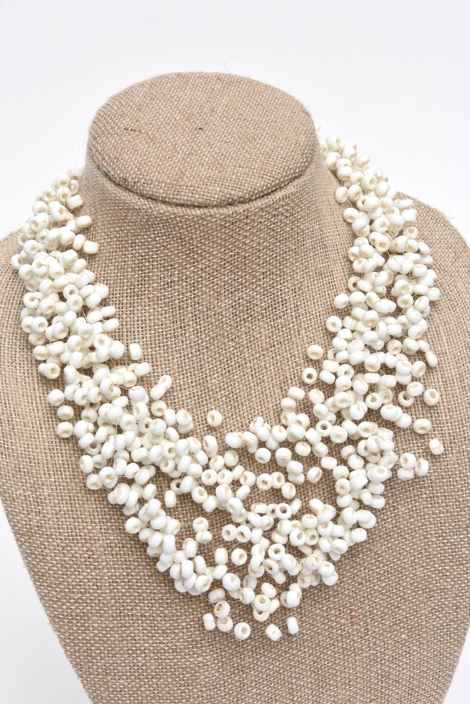 Vintage Langani Multi Strand White Beaded Necklace and Pair Of Clip On Earrings In Good Condition For Sale In North Miami, FL