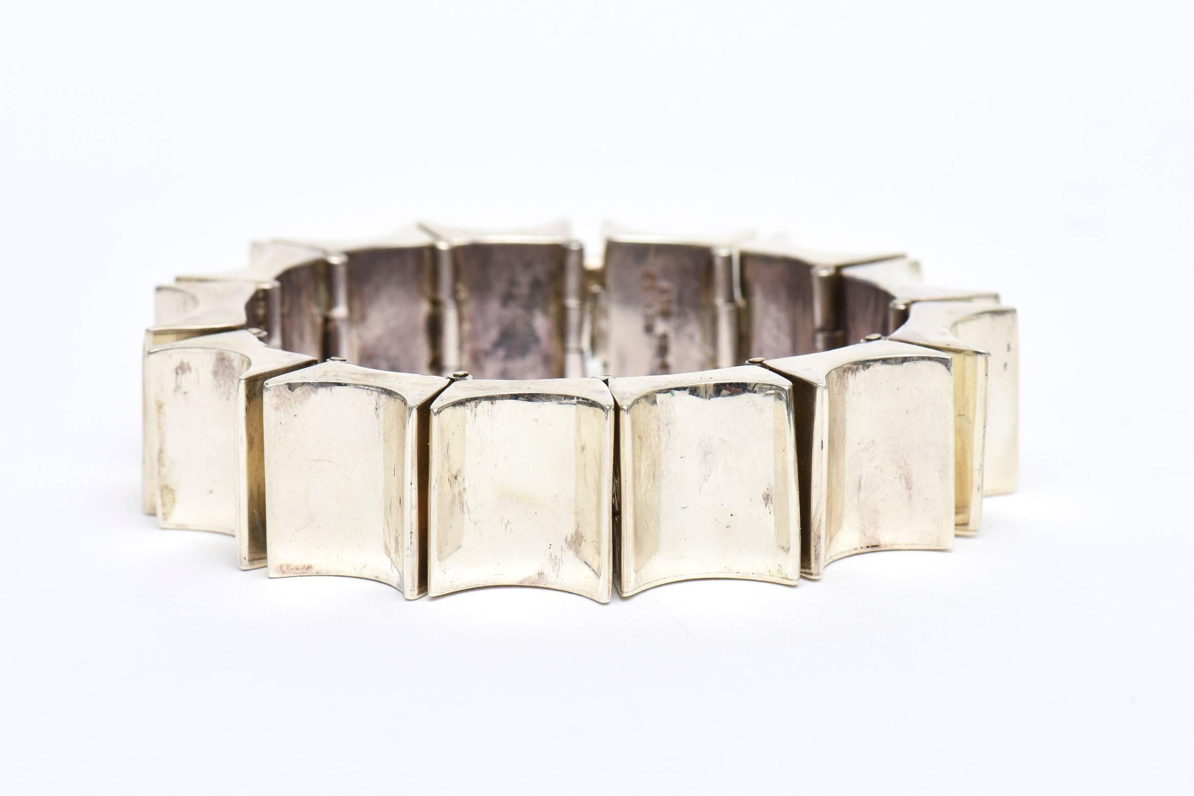 Modern  Sterling Silver Reticulated Link Sculptural Cuff Bracelet Vintage