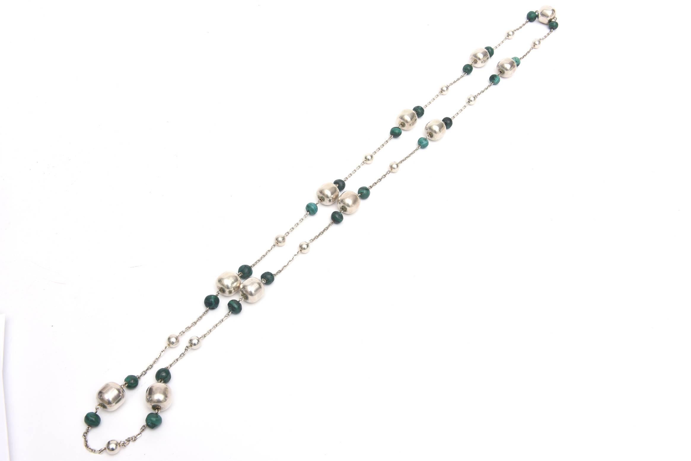 Women's Sterling Silver and Malachite Ball Chain Wrap Necklace  