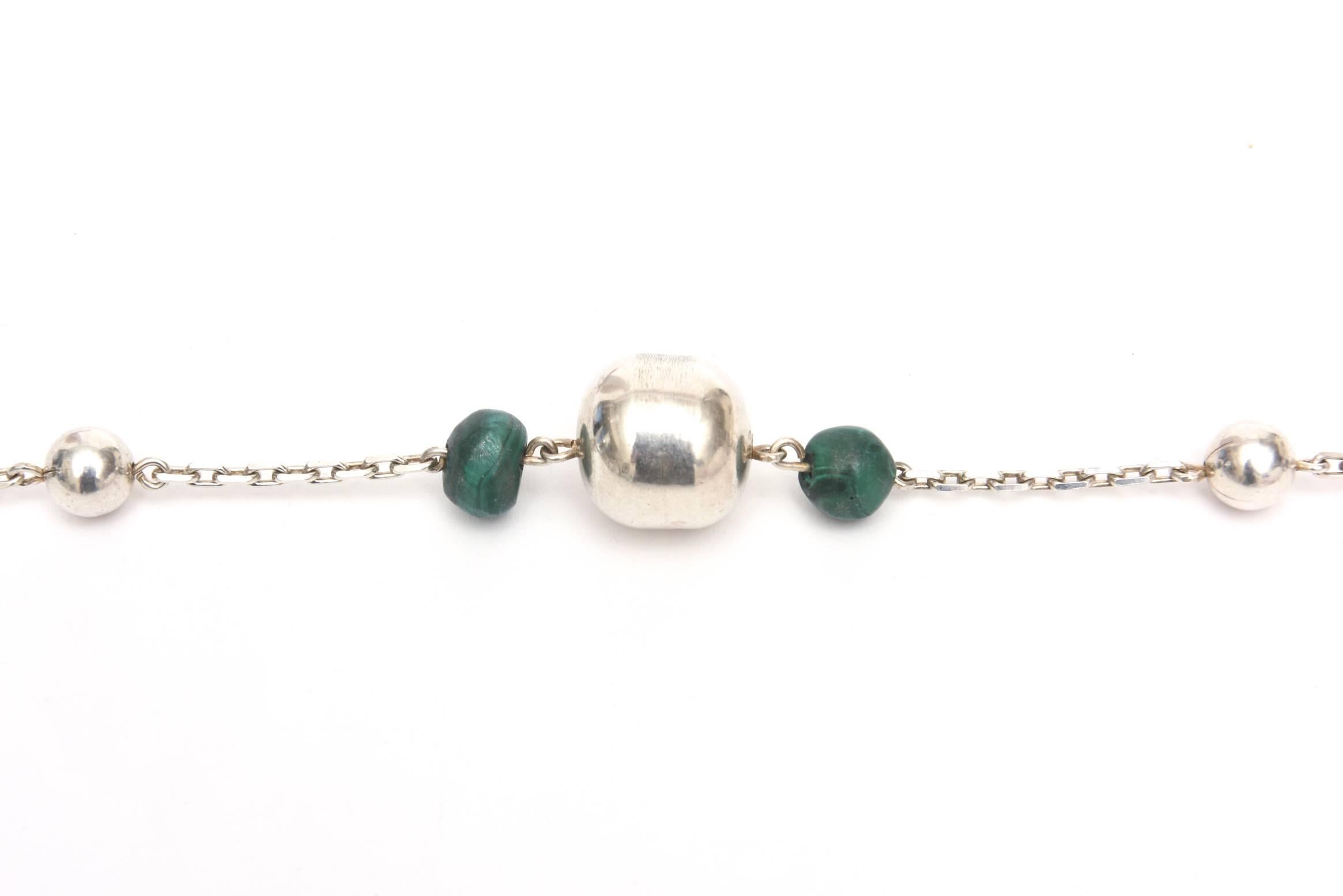 Ball Cut Sterling Silver and Malachite Ball Chain Wrap Necklace  