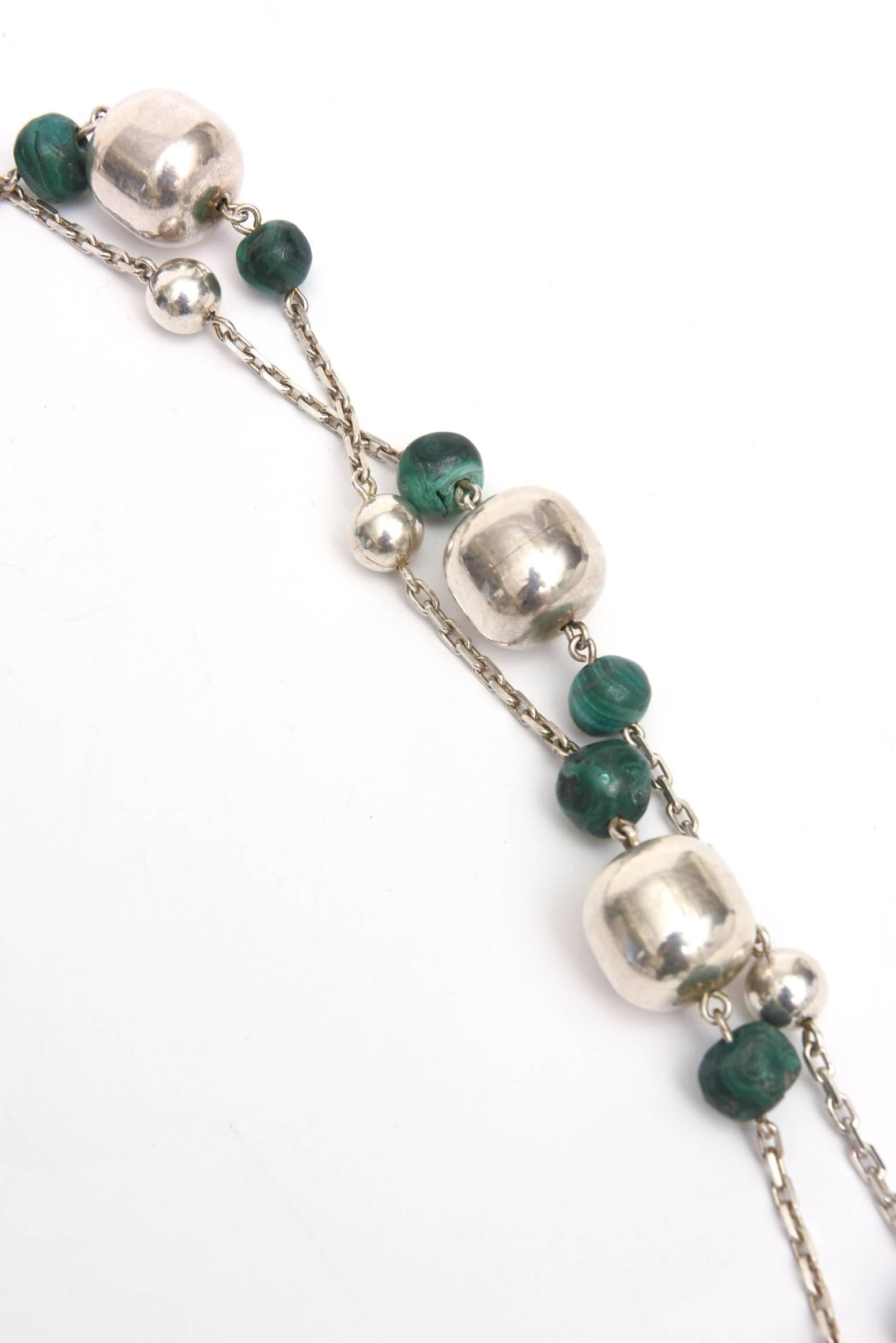 Sterling Silver and Malachite Ball Chain Wrap Necklace   In Good Condition In North Miami, FL