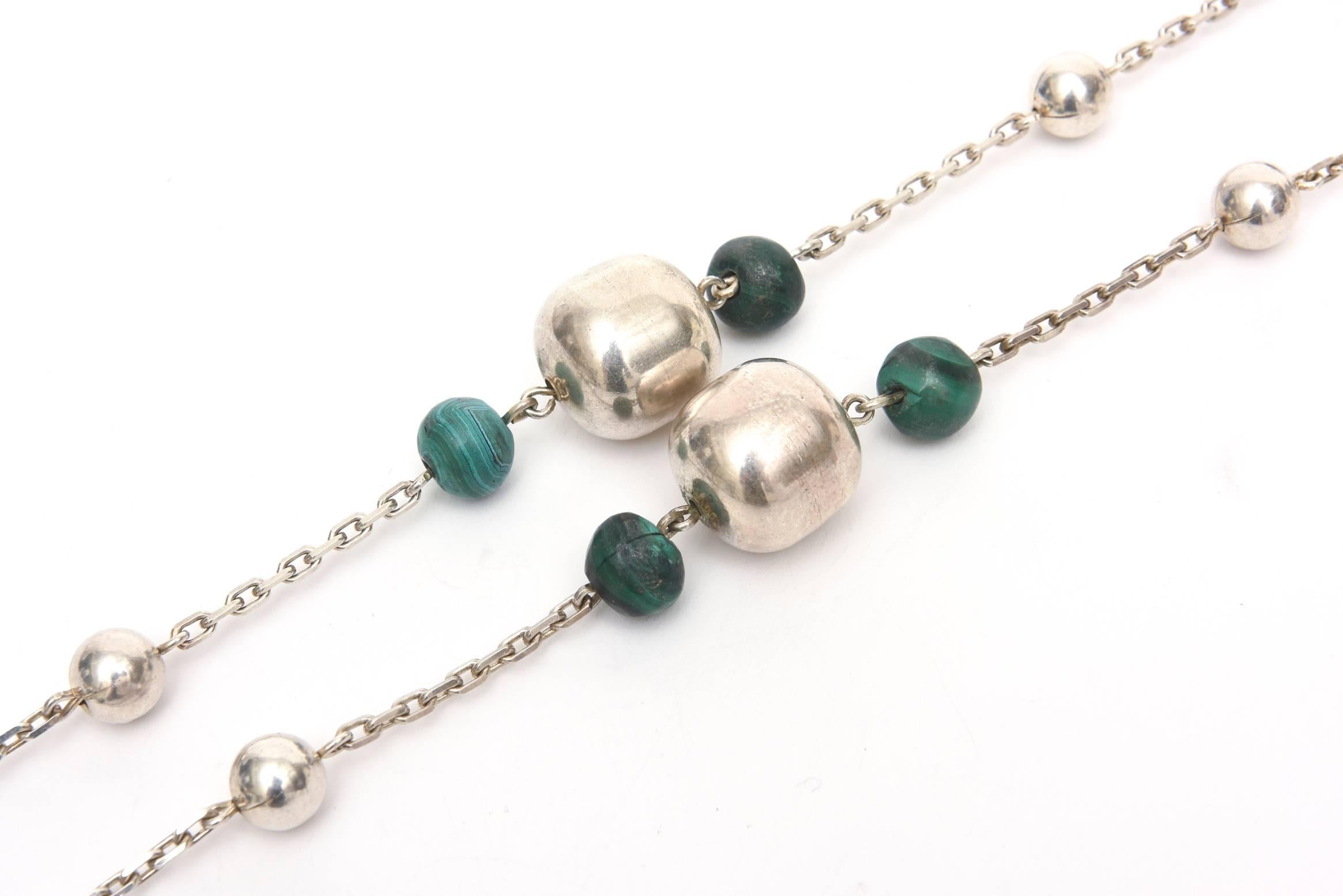 Modern Sterling Silver and Malachite Ball Chain Wrap Necklace  