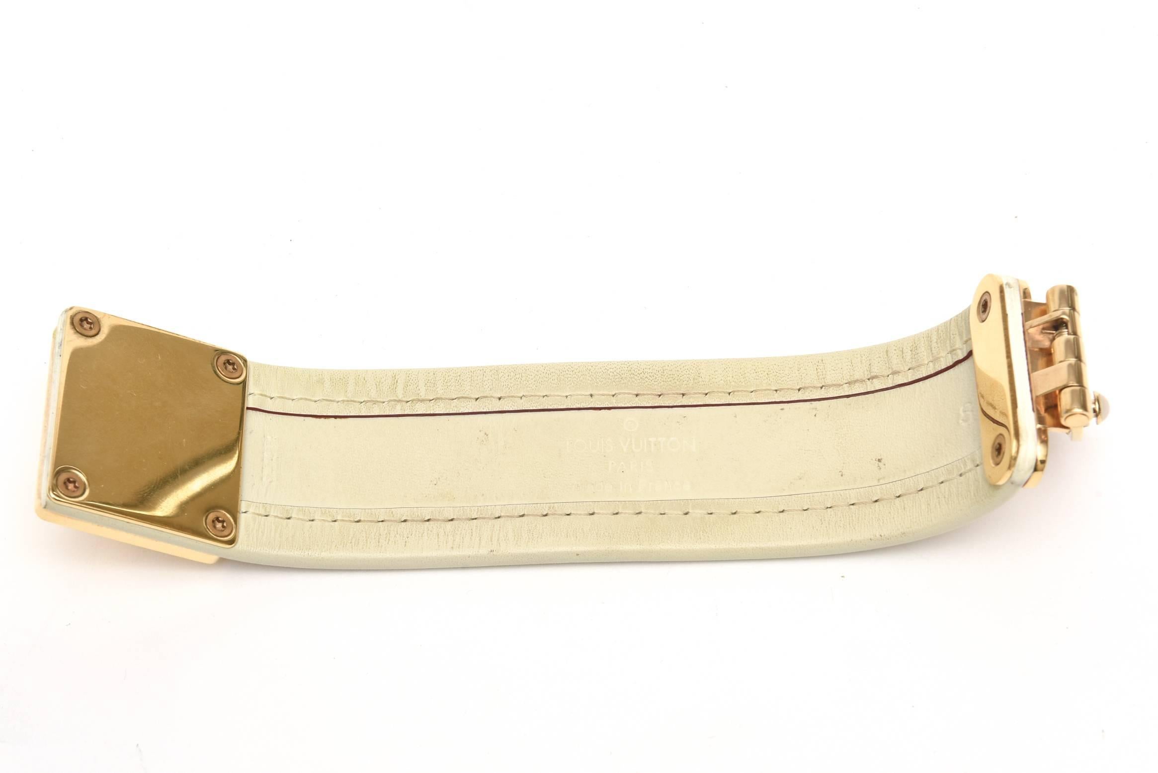 Louis Vuitton Leather and Gold Plated Brass Hardware Cuff Bracelet In New Condition In North Miami, FL