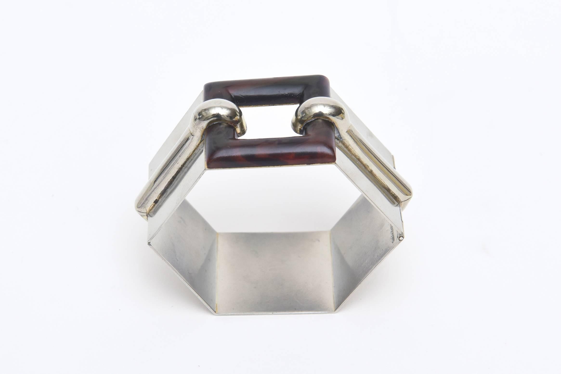 French Cut French Art Deco Sculptural Chrome and Bakelite Cuff Bracelet 