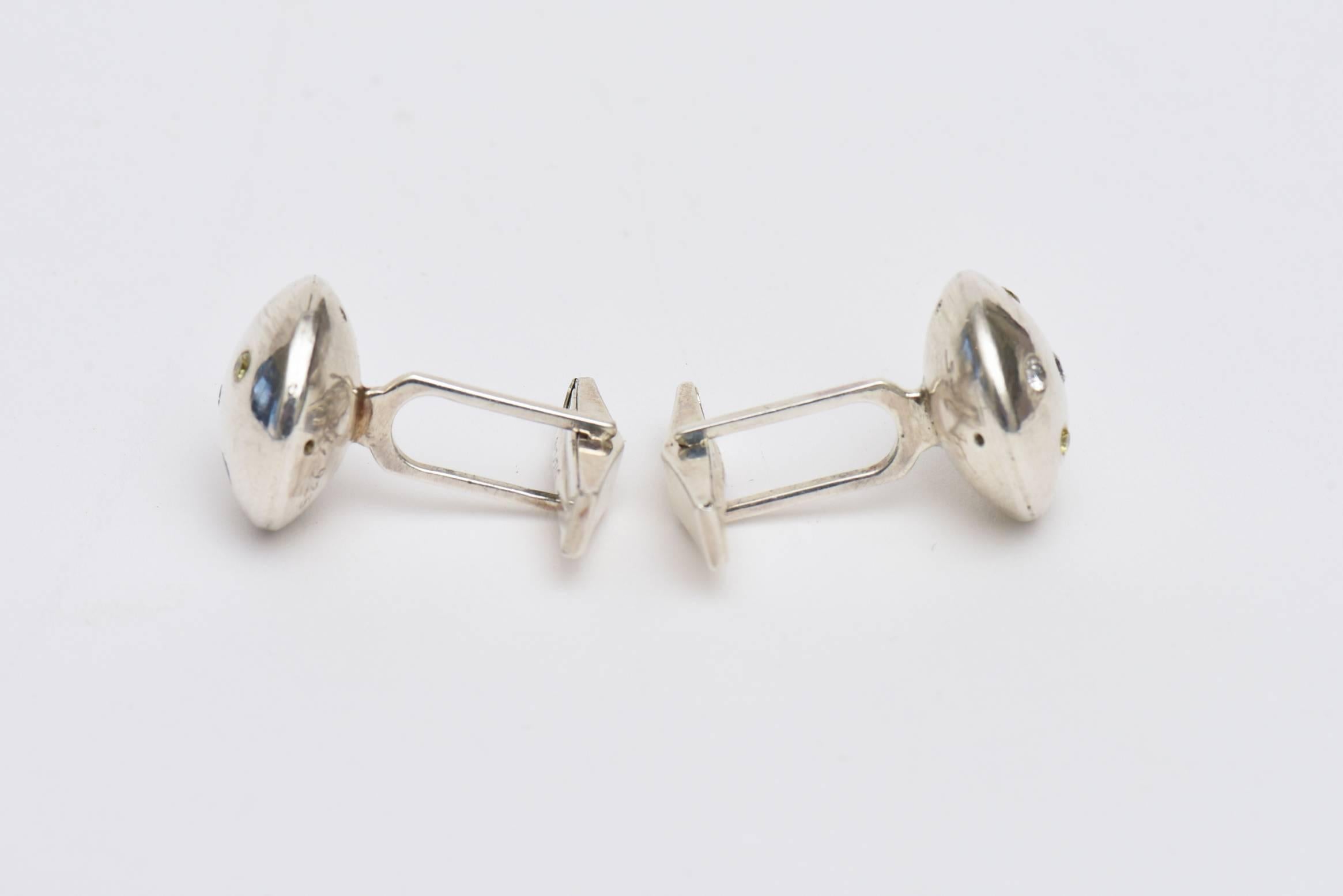 Single Cut Pair of Sterling Silver and Diamond Dome Cufflinks For Sale