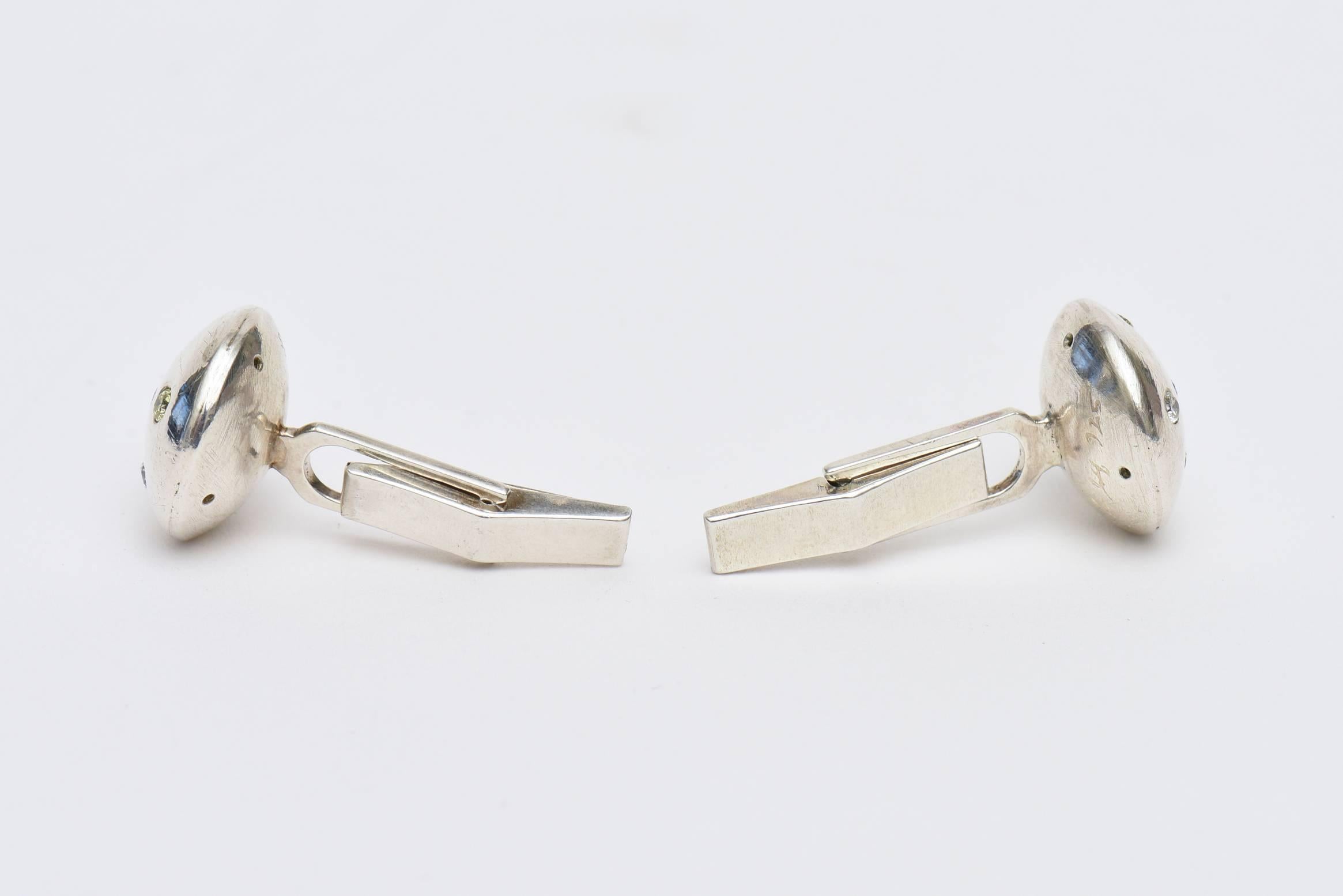 Pair of Sterling Silver and Diamond Dome Cufflinks In Good Condition For Sale In North Miami, FL