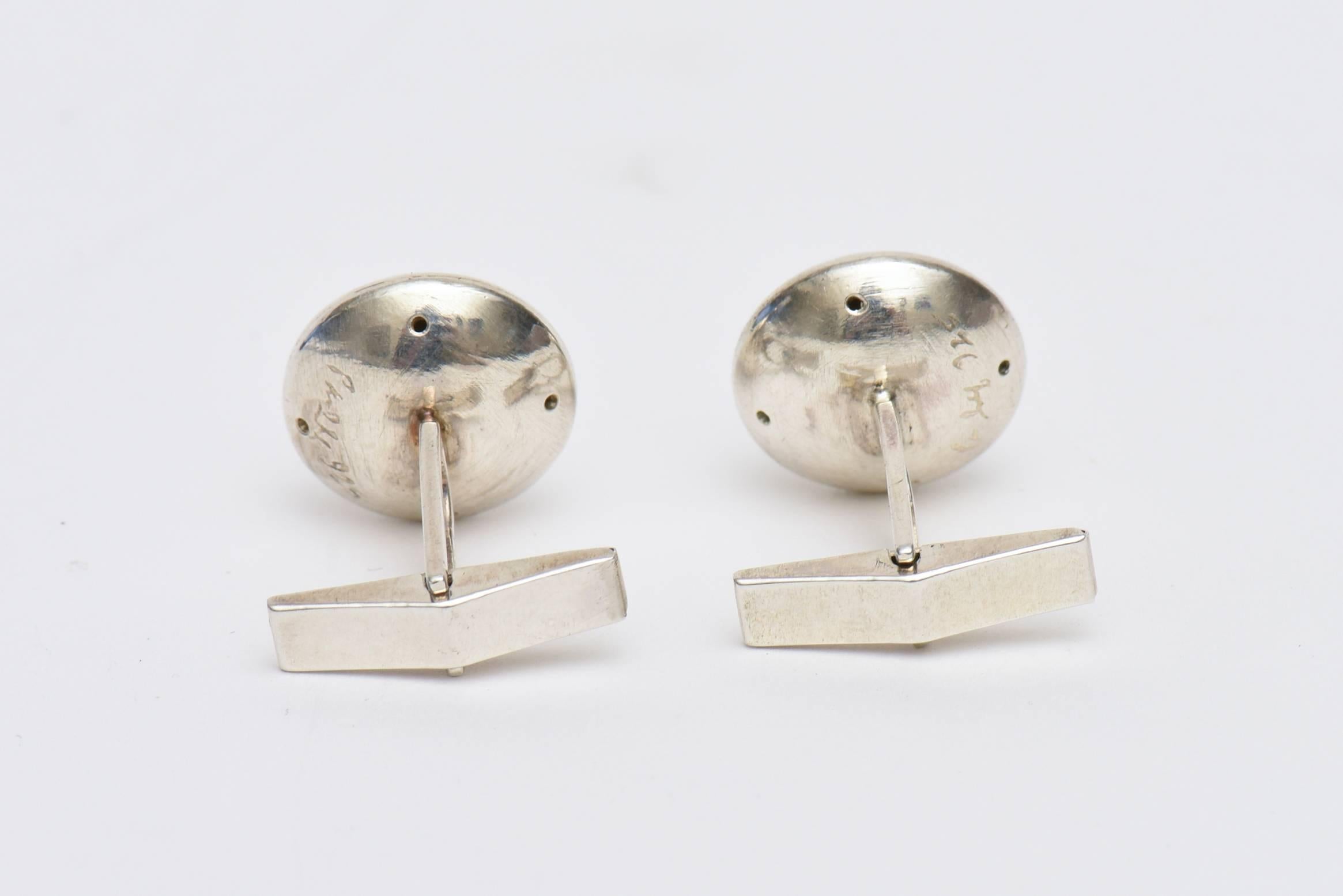 Pair of Sterling Silver and Diamond Dome Cufflinks For Sale 3